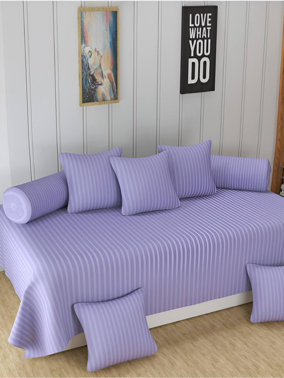 

UrbanArts 8 Pcs Purple Striped Cotton Diwan Set