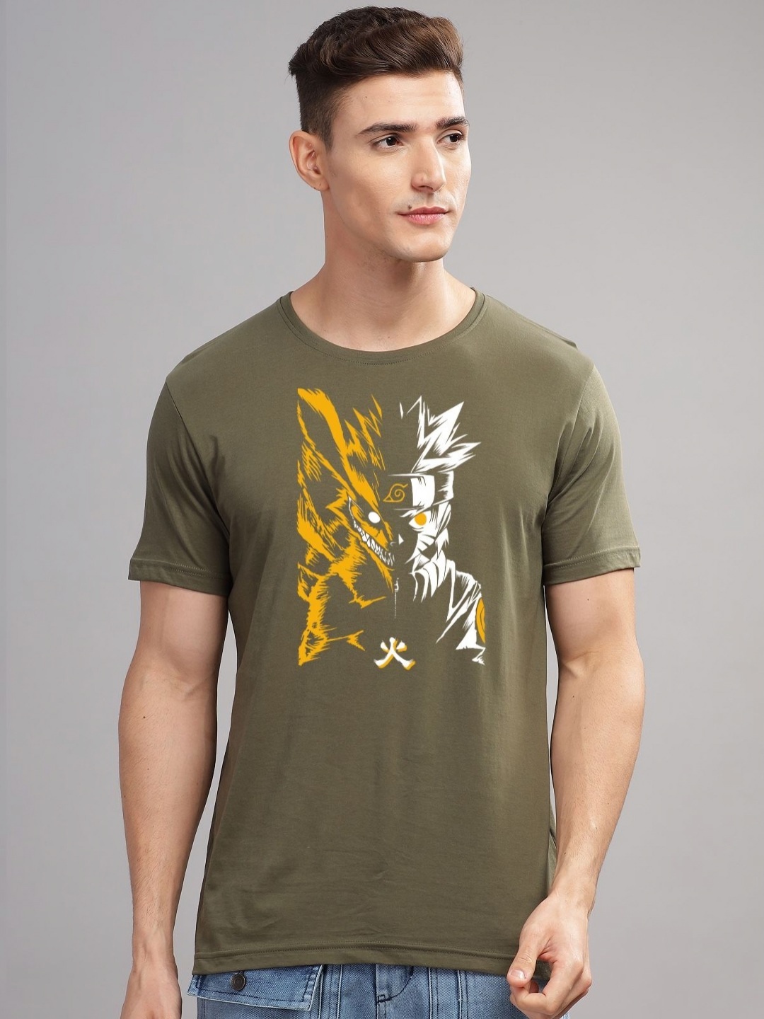 

ADRO Men Printed Raw Edge T-shirt, Olive