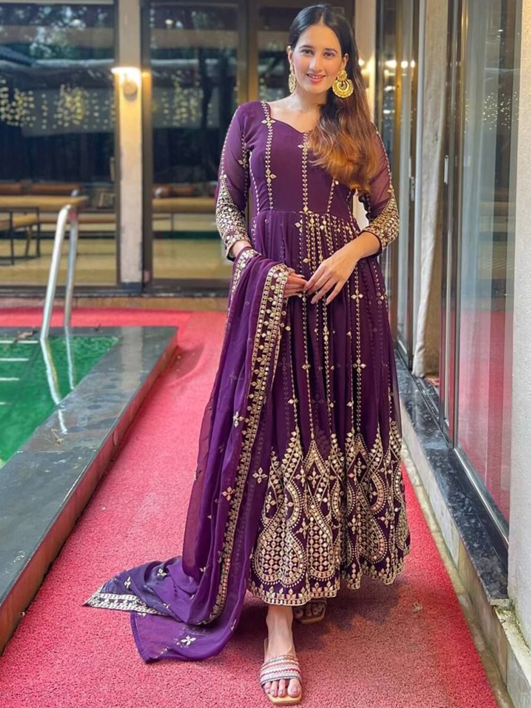 

KALINI Floral Embroidered Sweetheart Neck Georgette Anarkali Kurta With Salwar & Dupatta, Purple