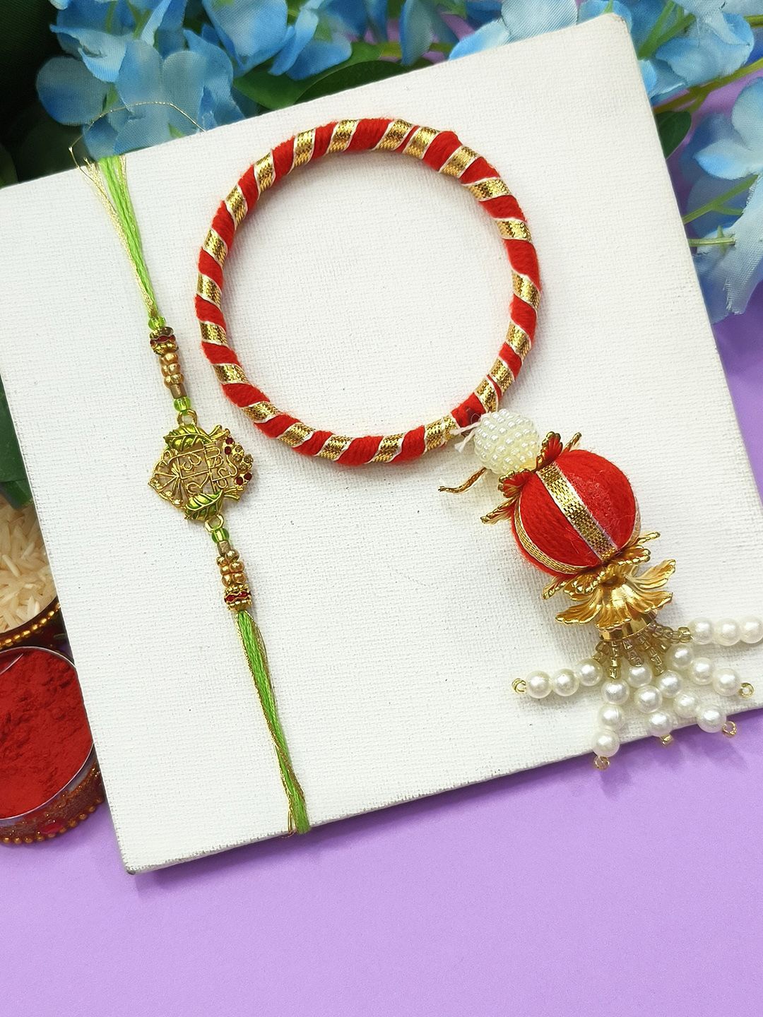 

StileAdda Bhaiya Bhabhi Stones Studded & Beaded Thread Rakhis With Roli Chawal, Red