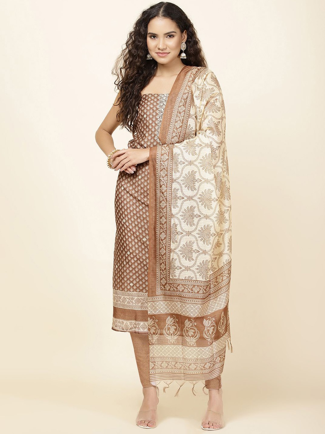

Meena Bazaar Ethnic Motifs Printed Chanderi Unstitched Dress Material, Brown