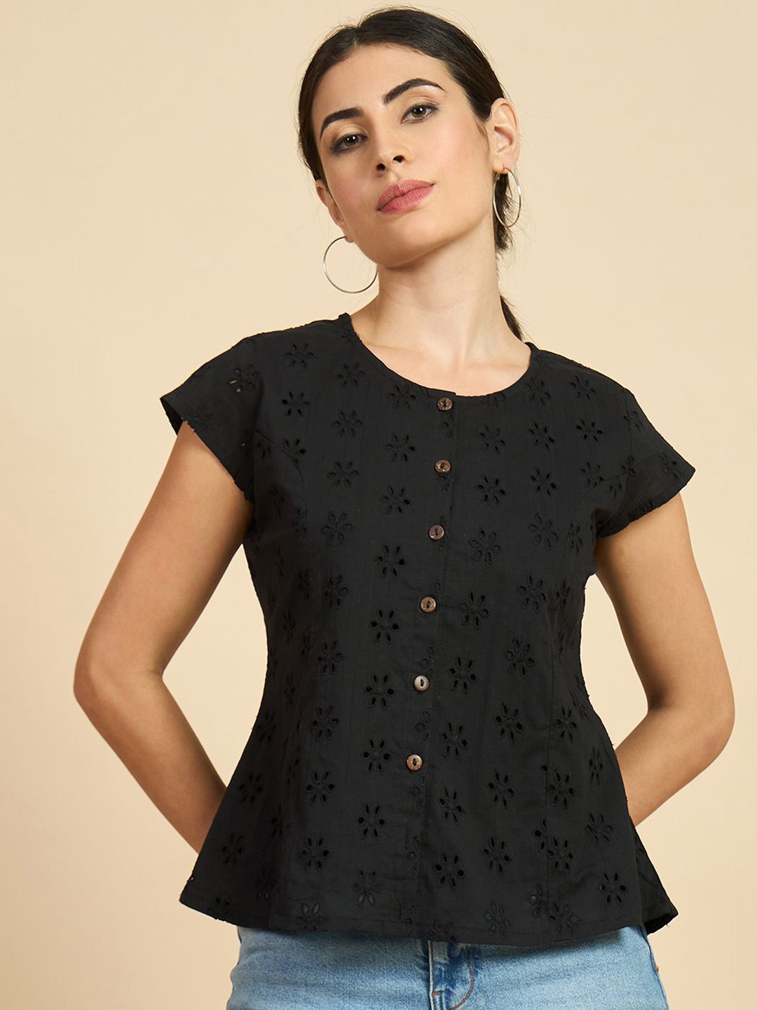 

Azira Geometric Cotton Top, Black