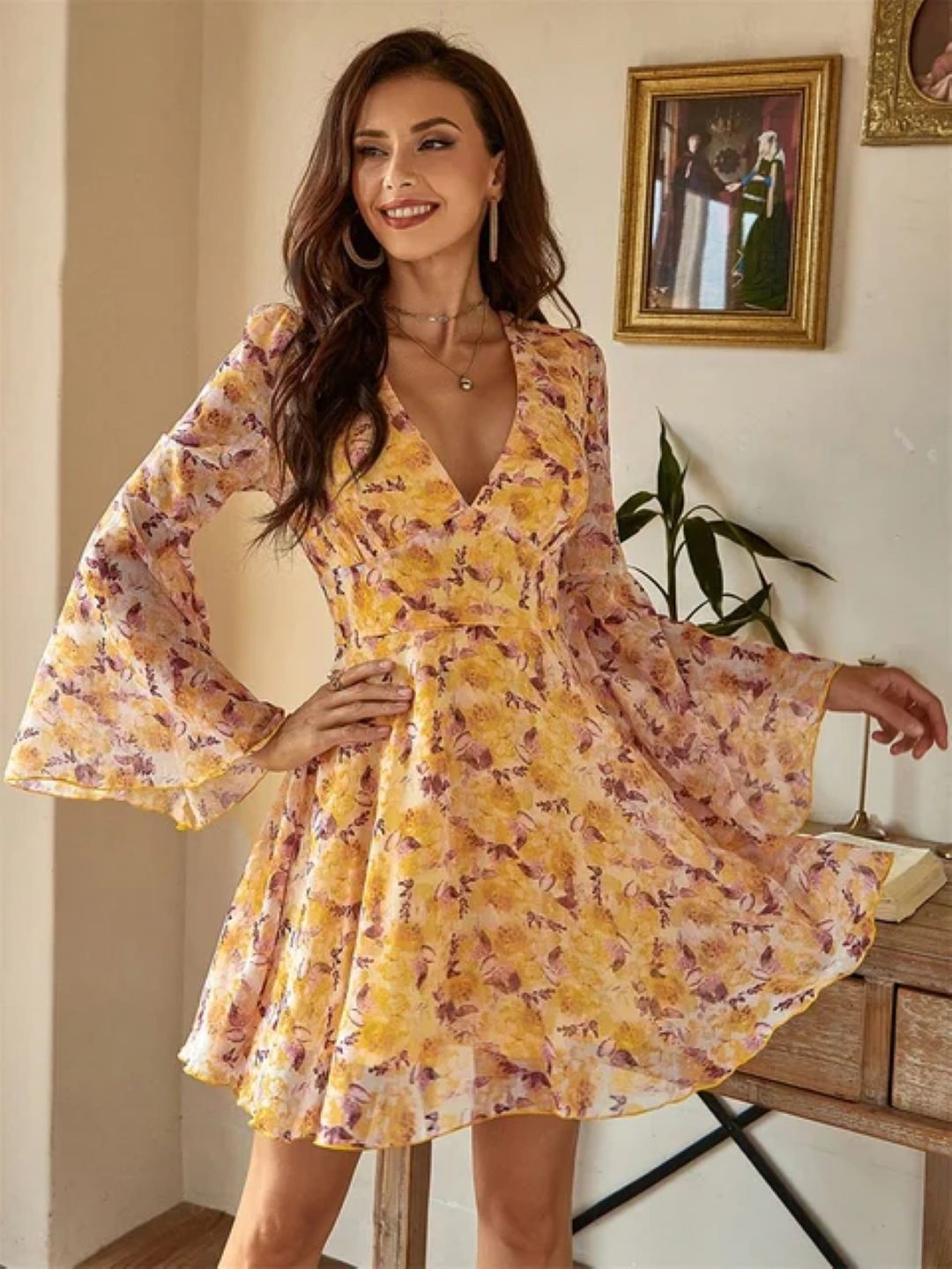 

StyleCast Flared Sleeve Fit & Flared Floral Dress, Yellow