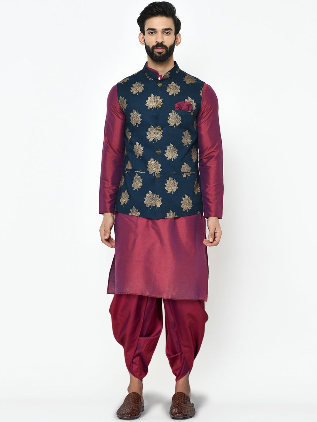 

Anouk Navy Blue & Maroon Floral Printed Kurta with Dhoti Pants & Nehru jacket
