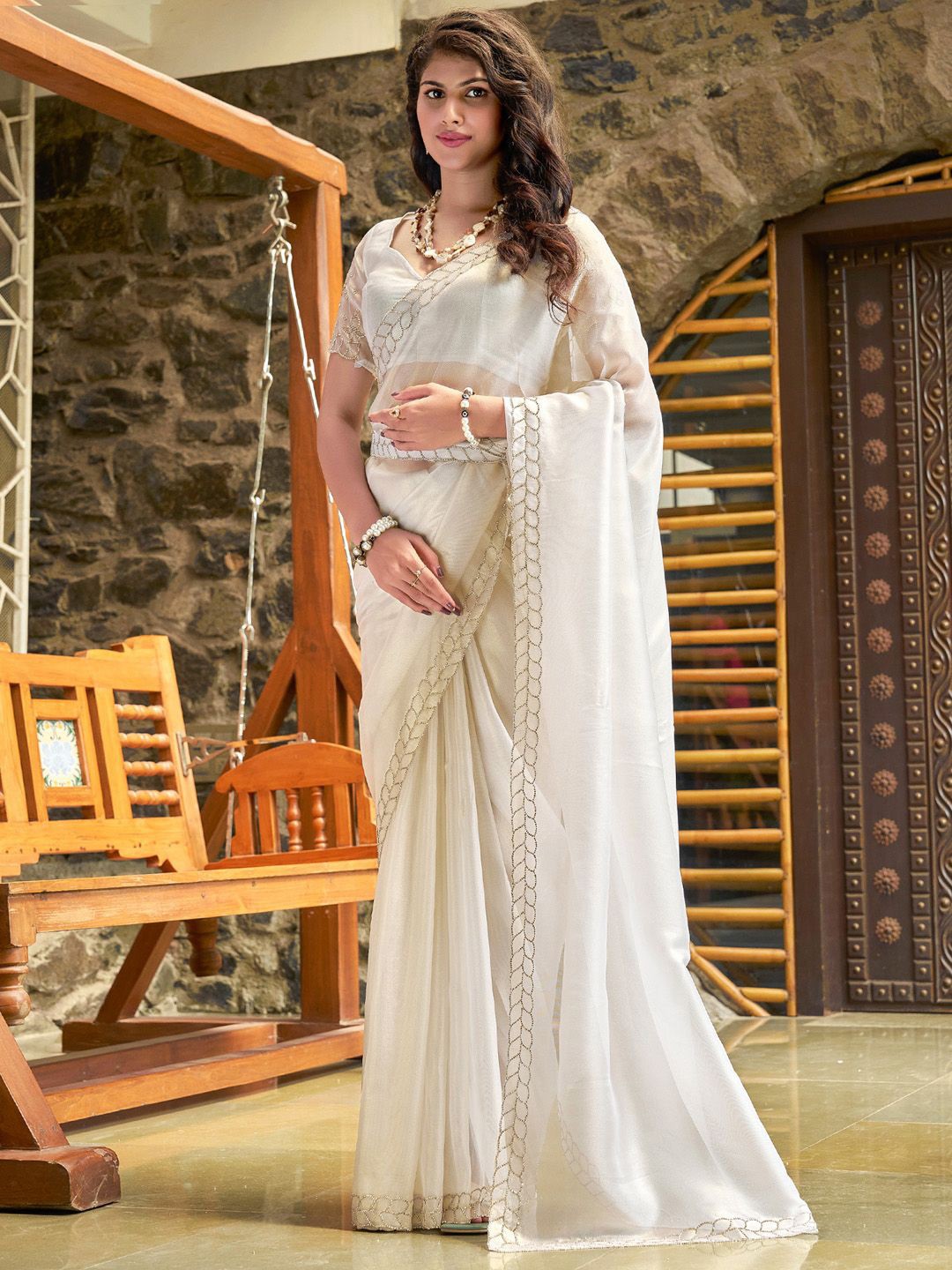 

Saree mall Embellished Beads and Stones Organza Sarees, Off white