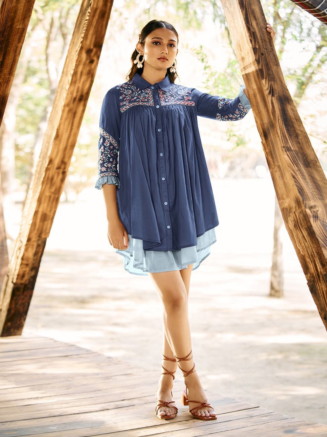 

Kaftanize Embroidered Cotton Cambric Shirt Dress, Blue