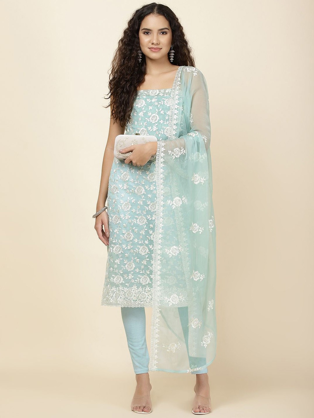 

Meena Bazaar Floral Embroidered Sequinned Unstitched Dress Material, Sea green