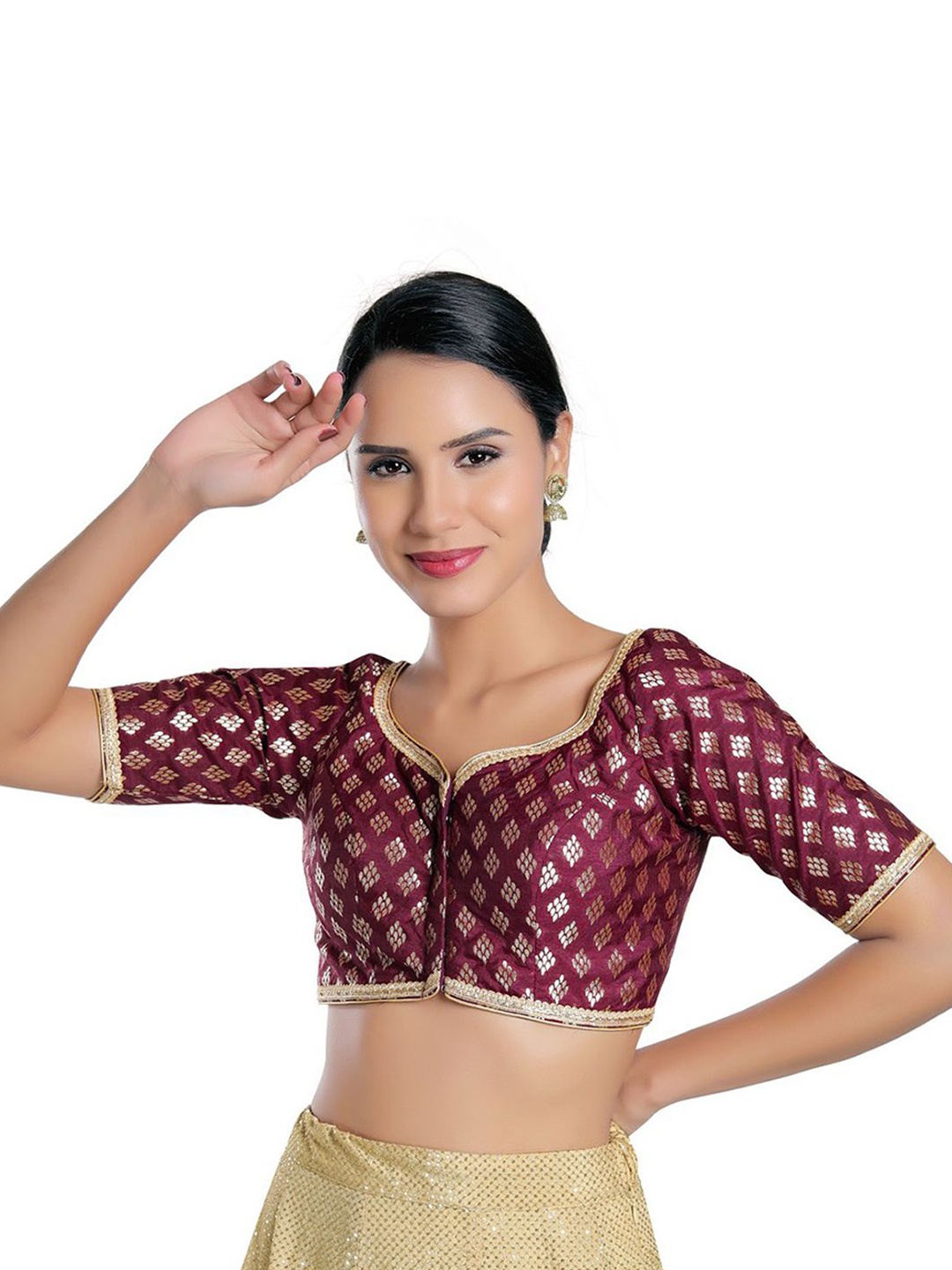 

Mmore Woven Design Saree Blouse, Burgundy