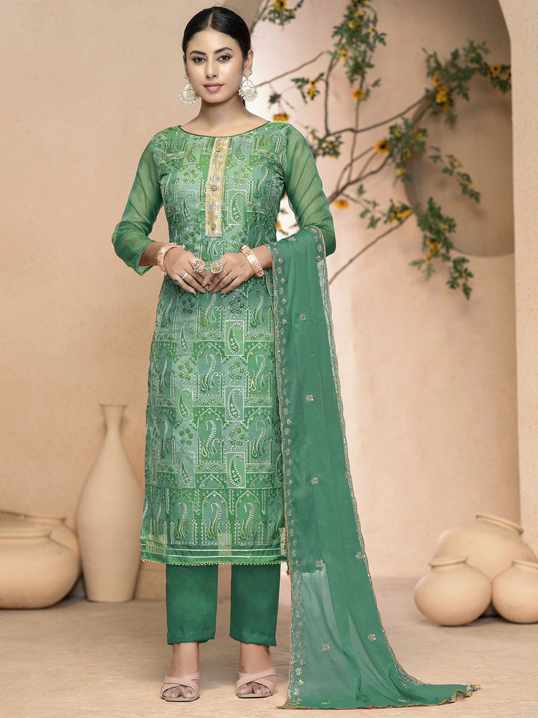 

MANVAA Paisley Printed Gotta Patti Organza Unstitched Dress Material, Green