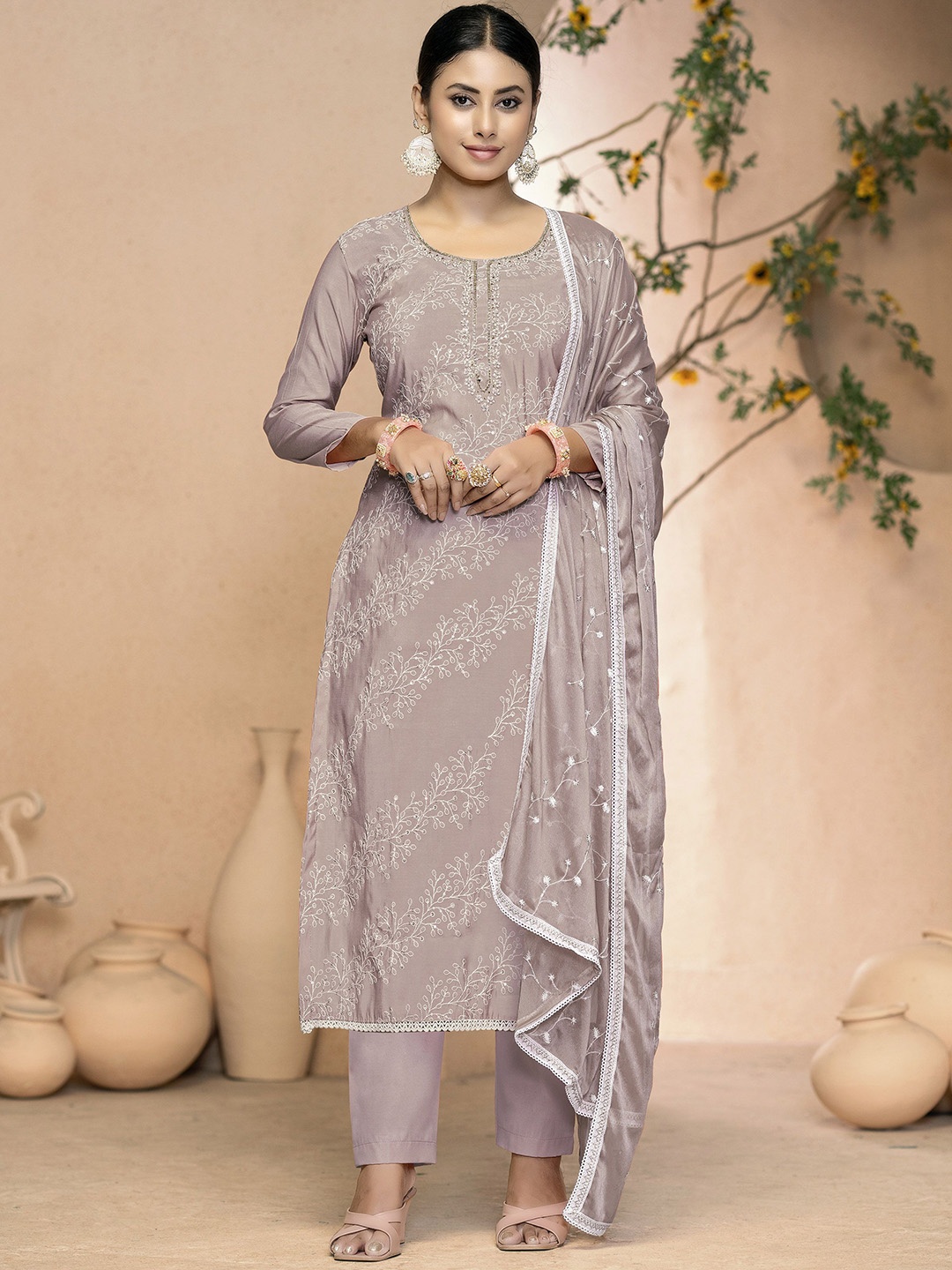 

MANVAA Embellished Unstitched Dress Material, Grey