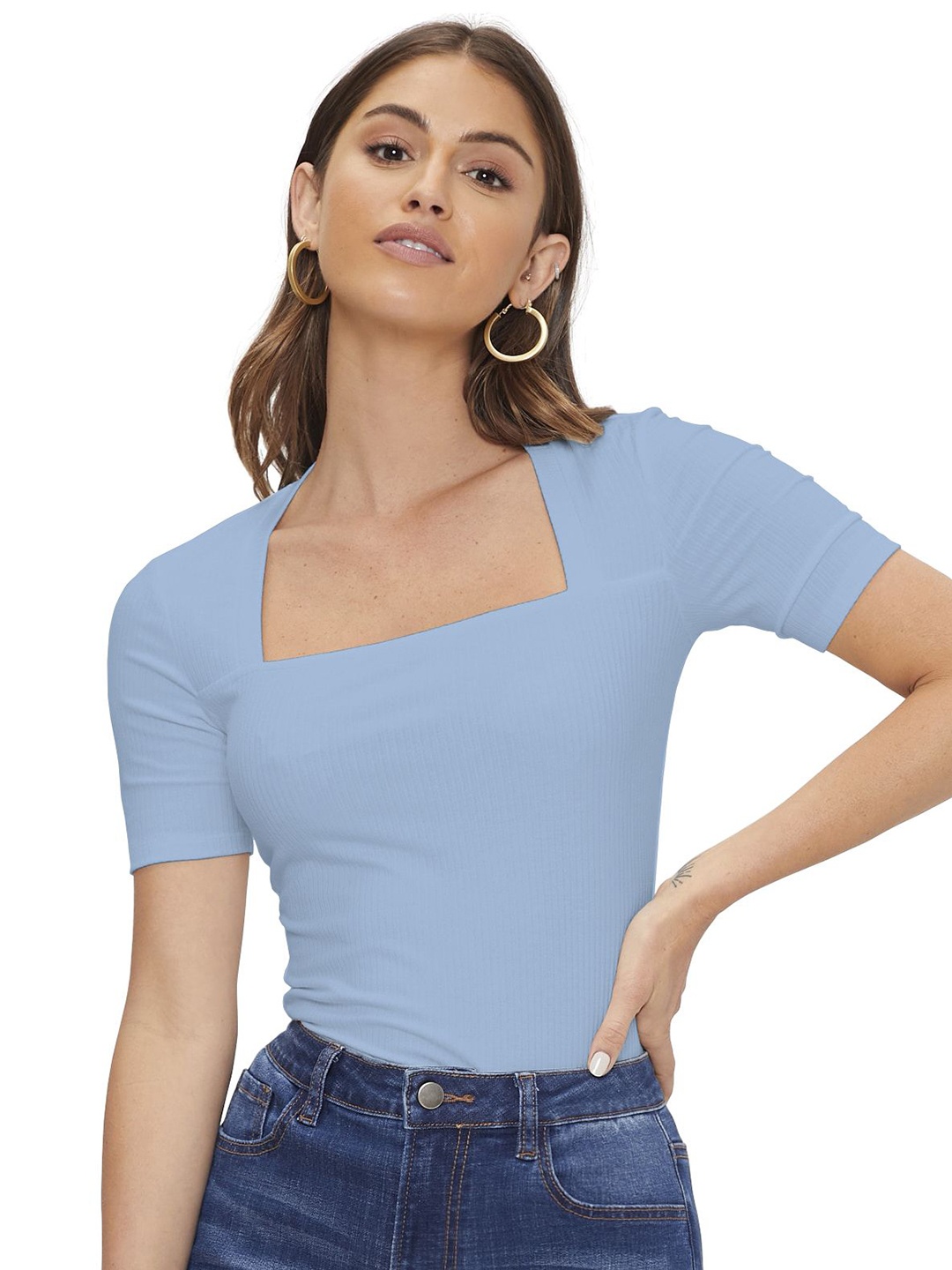 

BAESD Women Solid Square Neck Fitted Top, Turquoise blue