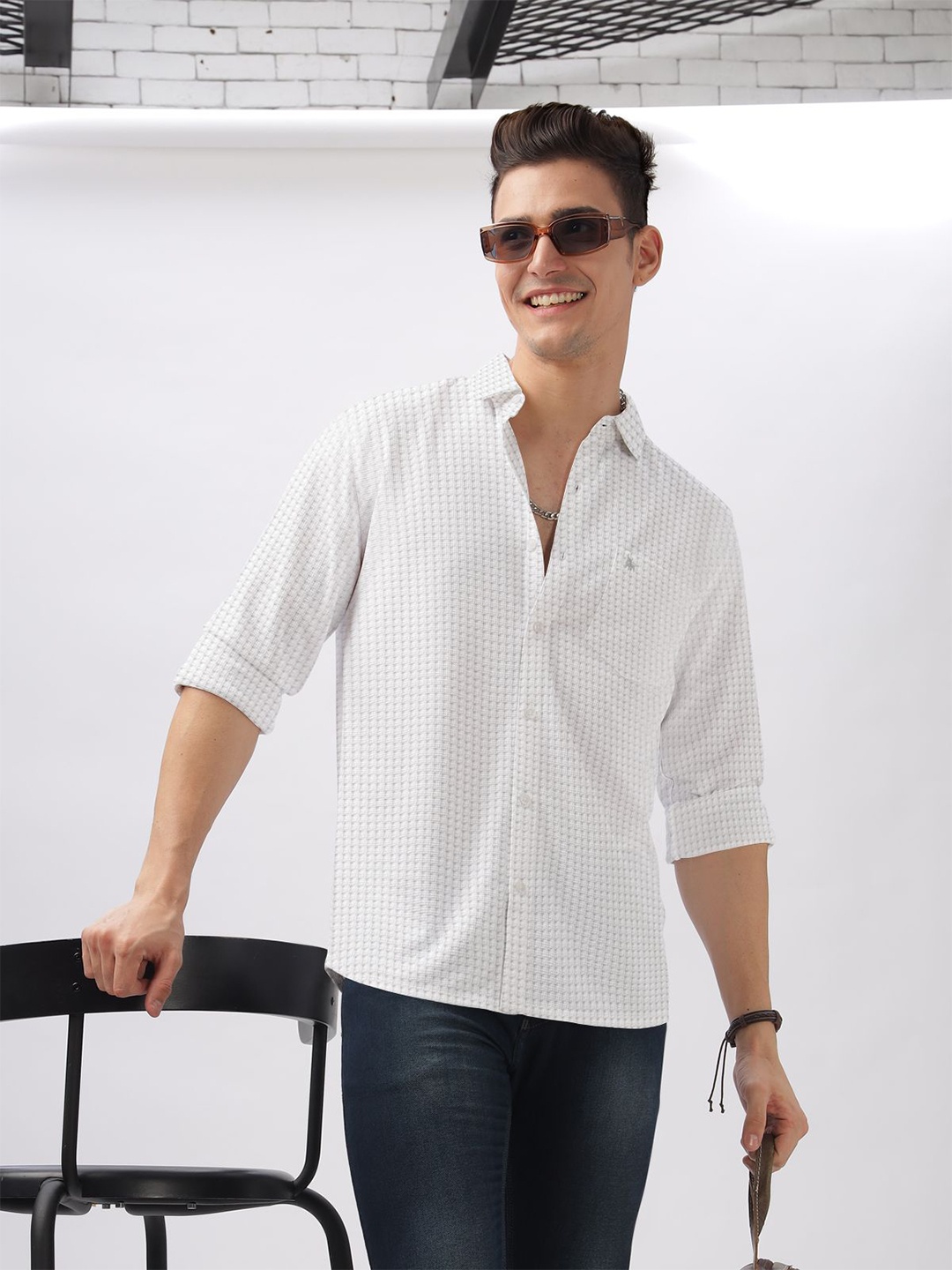 

BULLMER Men Spread Collar Self Design Cotton Casual Shirt, White