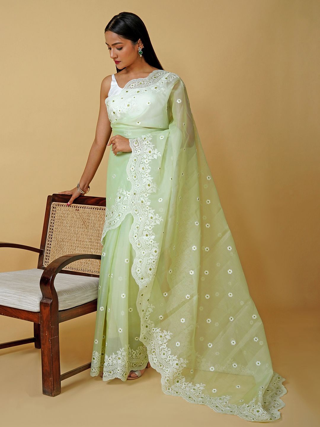 

TEEJH Floral Embroidered Organza Saree, Green