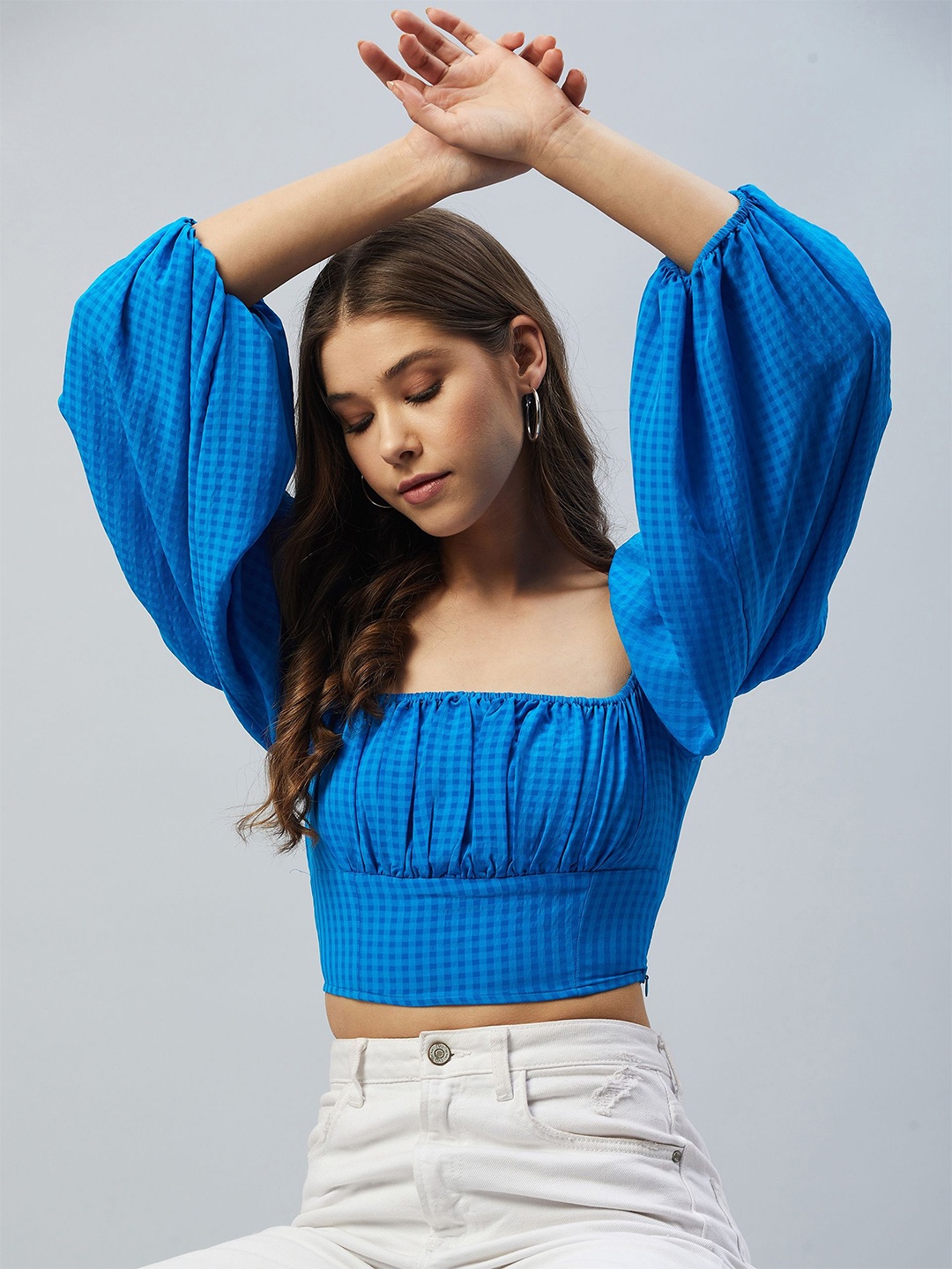 

DELAN Women Checked Geometric Print Square Neck Top, Blue