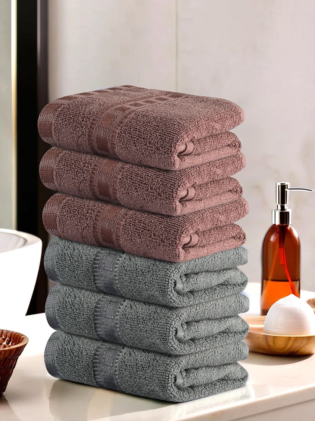 

Kuber Industries Brown & Grey 6 Pieces Highly Absorbent 225 GSM Cotton Face Towel