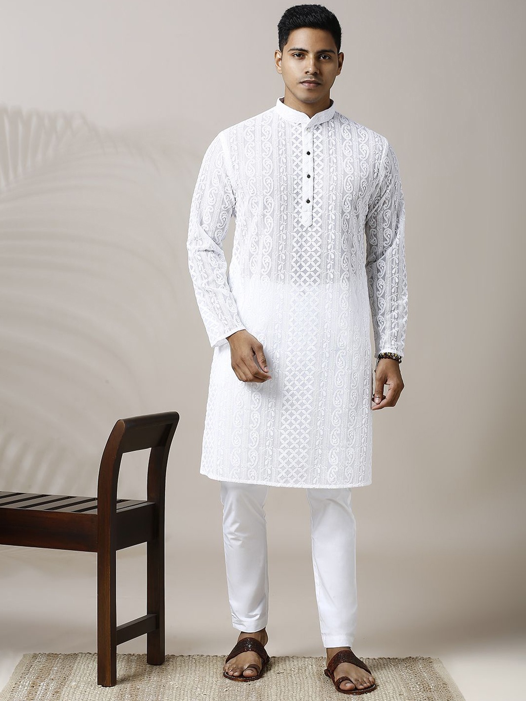 

Be Desi Paisley Embroidered Thread Work Semi Sheer Straight Kurta with Pyjamas, White