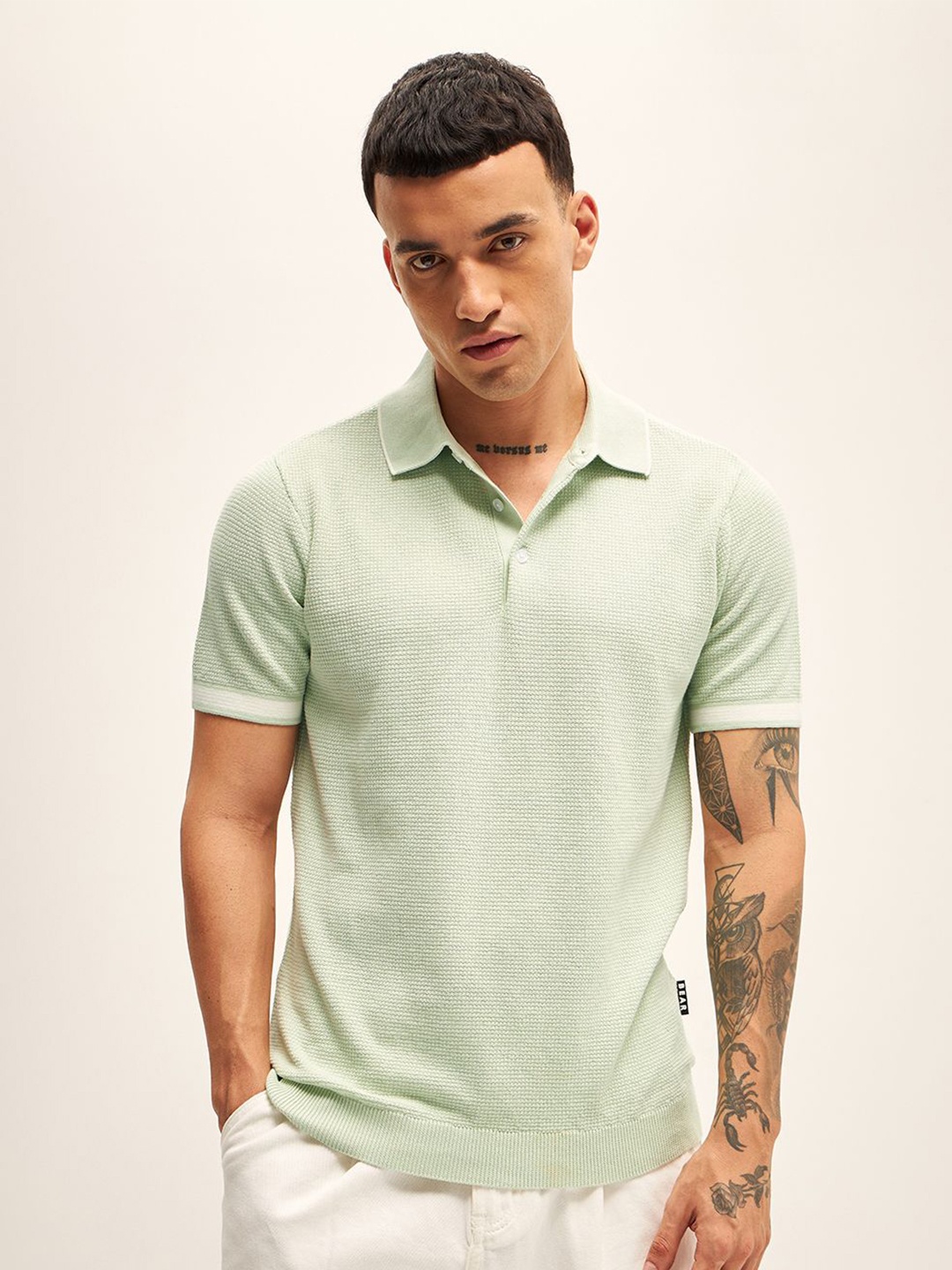 

THE BEAR HOUSE Men Solid Polo Collar Cotton T-shirt, Green