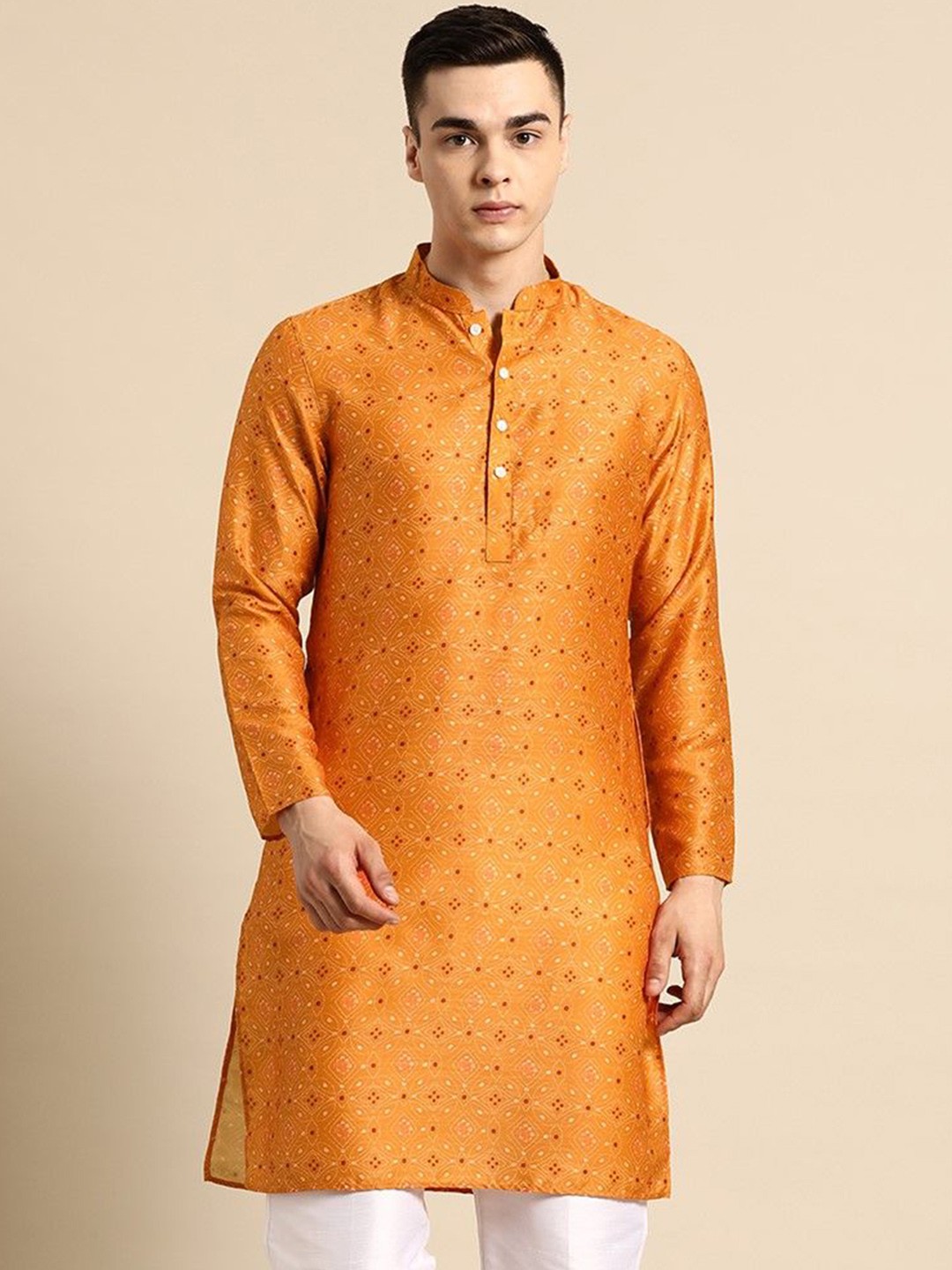 

Sayisha Floral Woven Design Mandarin Collar Straight Silk Kurta, Orange