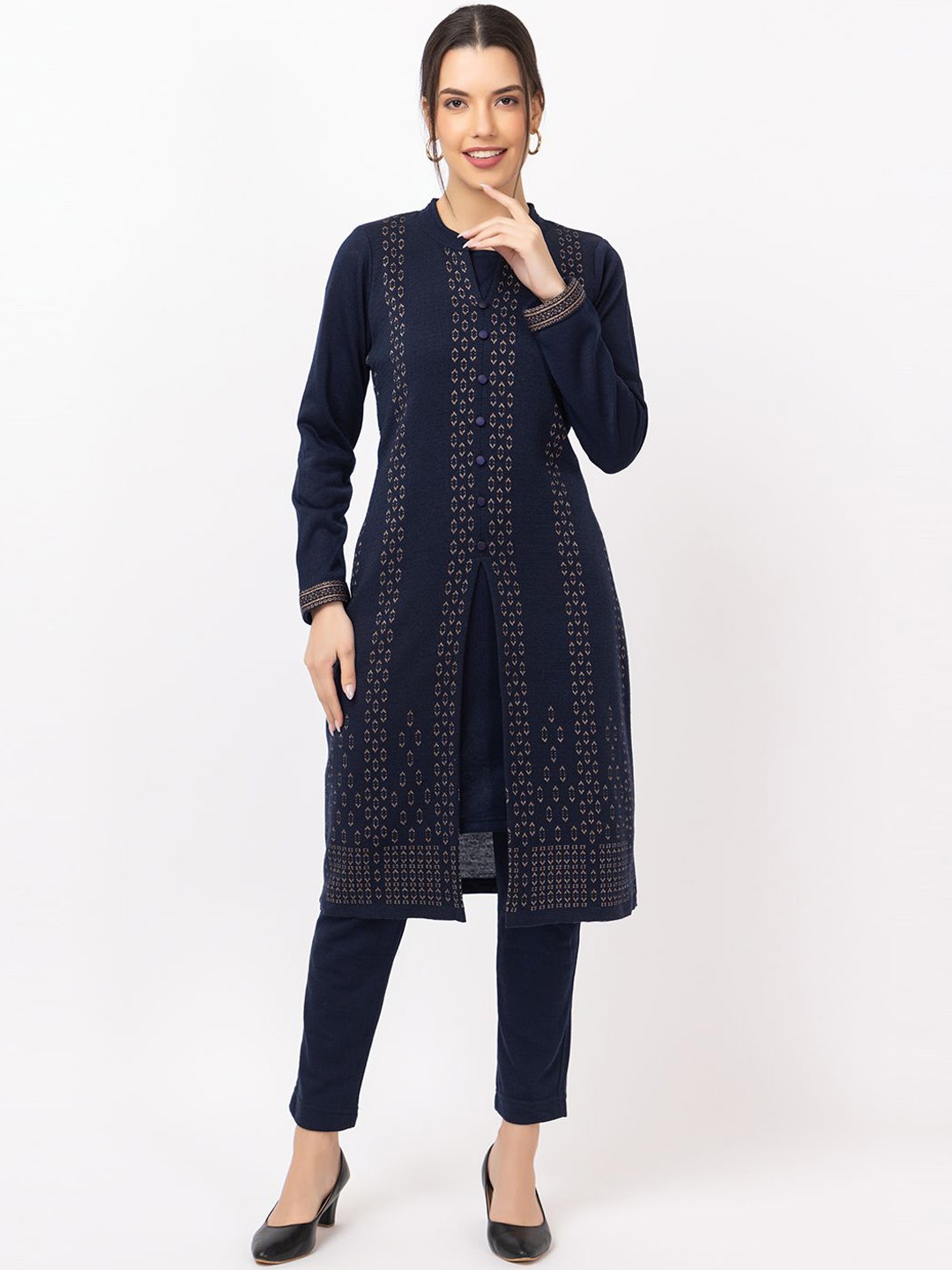

Anouk Navy Blue Geometric Printed Mandarin Collar Jacquard Winter Wear Straight Kurta With Trousers
