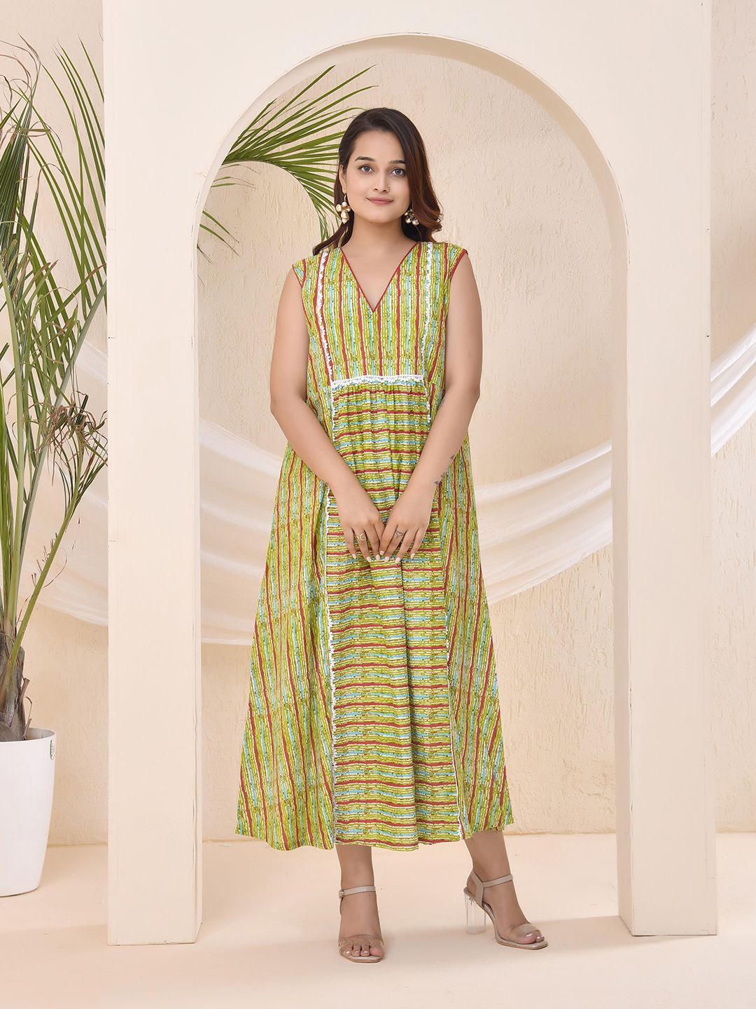 

THE SAFFRON SAGA Pure Cotton Striped Printed A-Line Midi Dress, Green