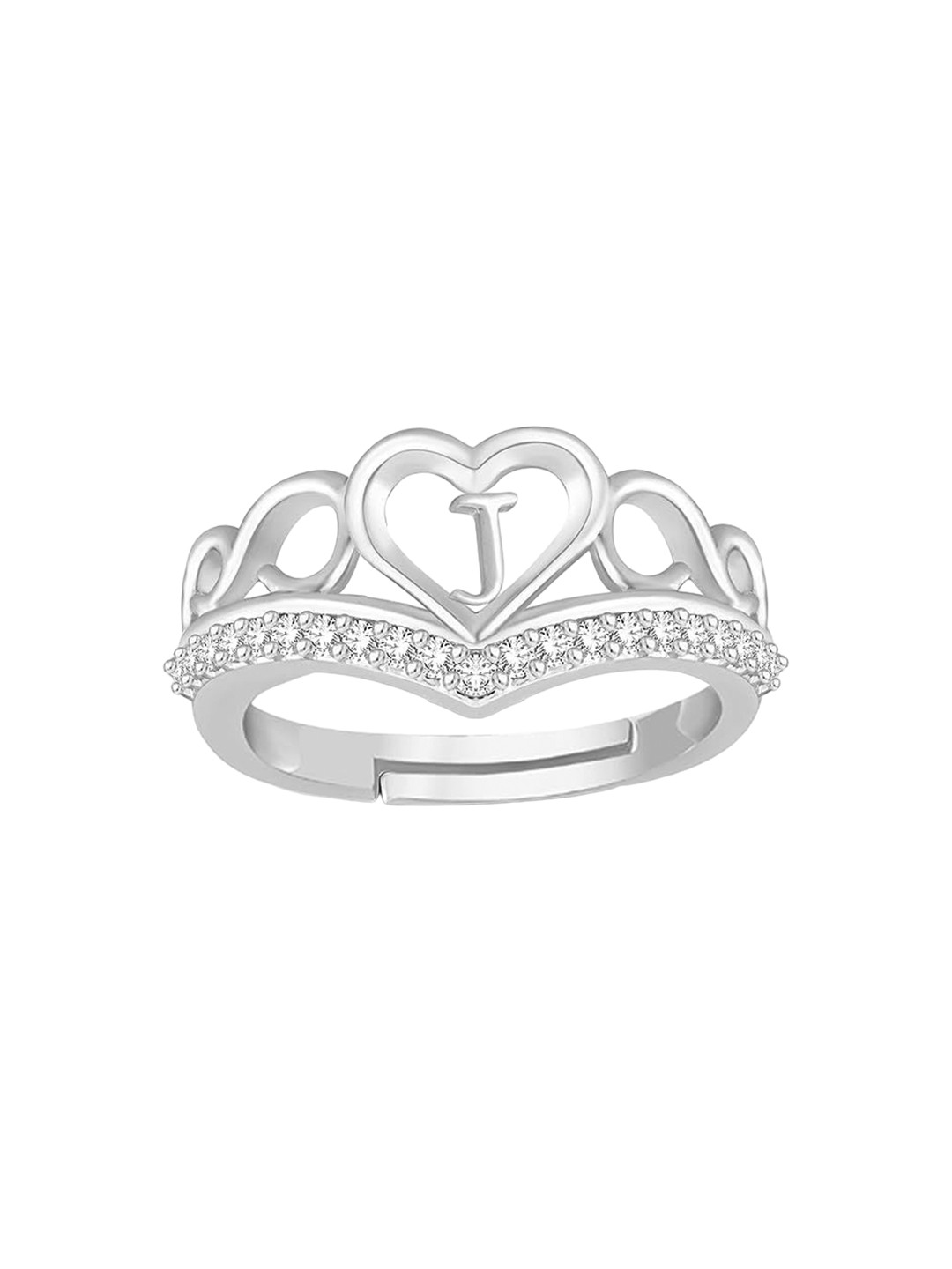 

Lila Silver Plated Cubic Zirconia Studded Heart Shaped Alphabet V Finger Ring