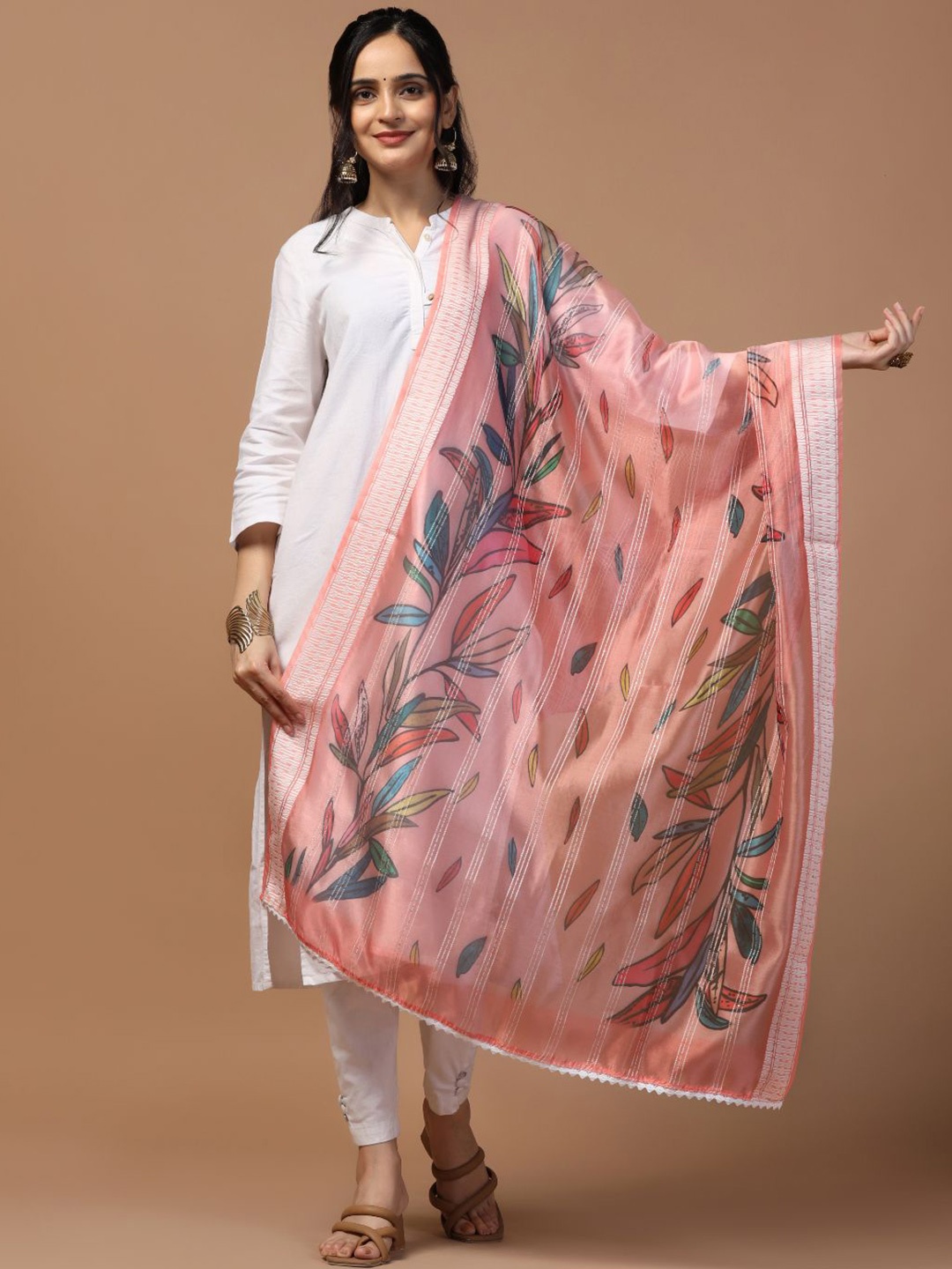 

Kaizen TEXO FAB Floral Printed Sequinned Organza Dupatta, Pink