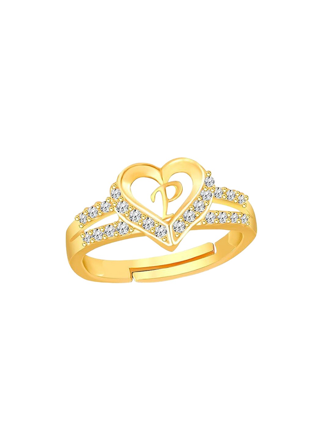 

Lila Gold Plated Cubic Zirconia Studded Heart Shaped Alphabet P Finger Ring