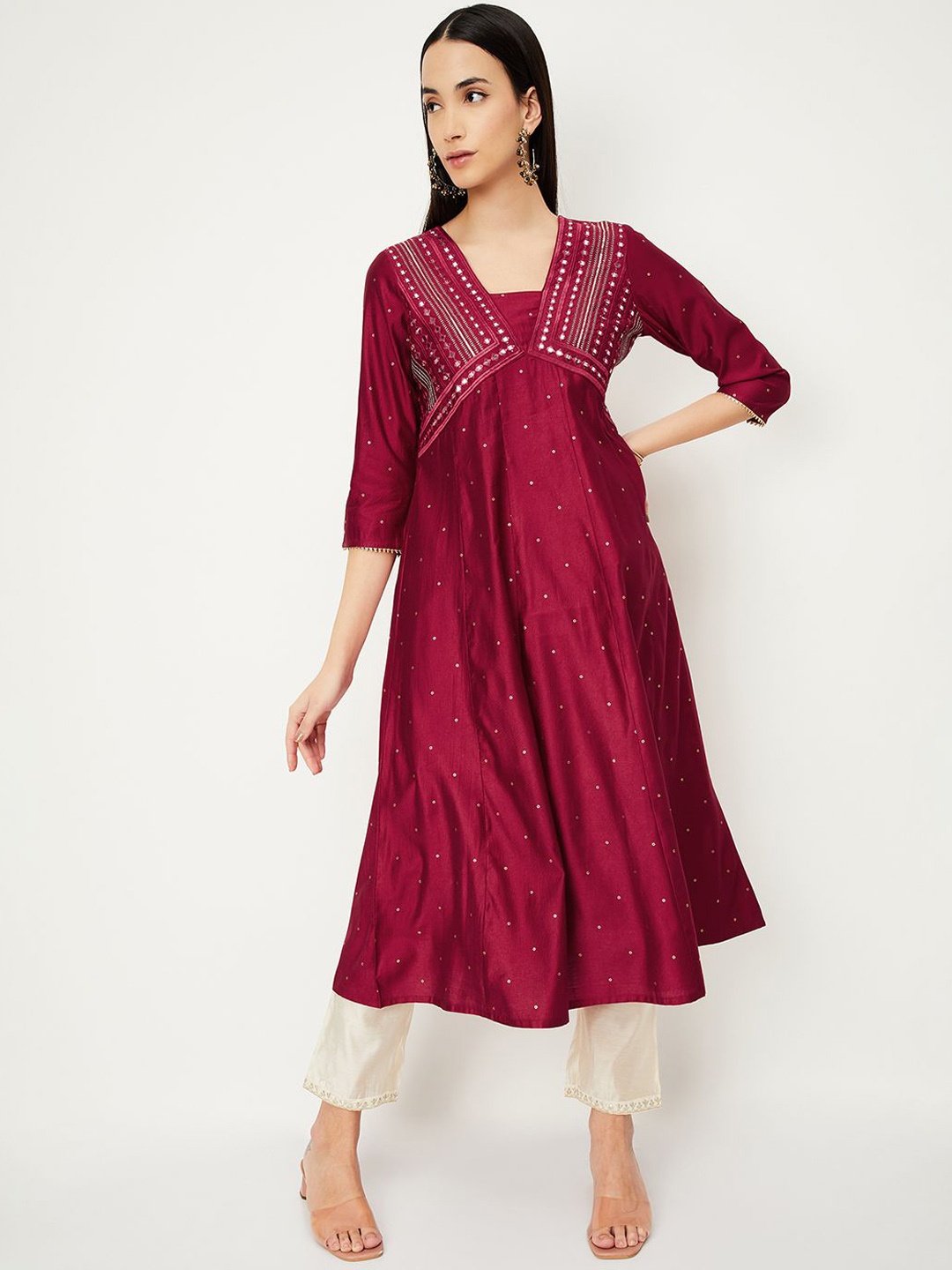 

max Embellished Flared Sleeves Mirror Work Empire A-Line Kurta, Red