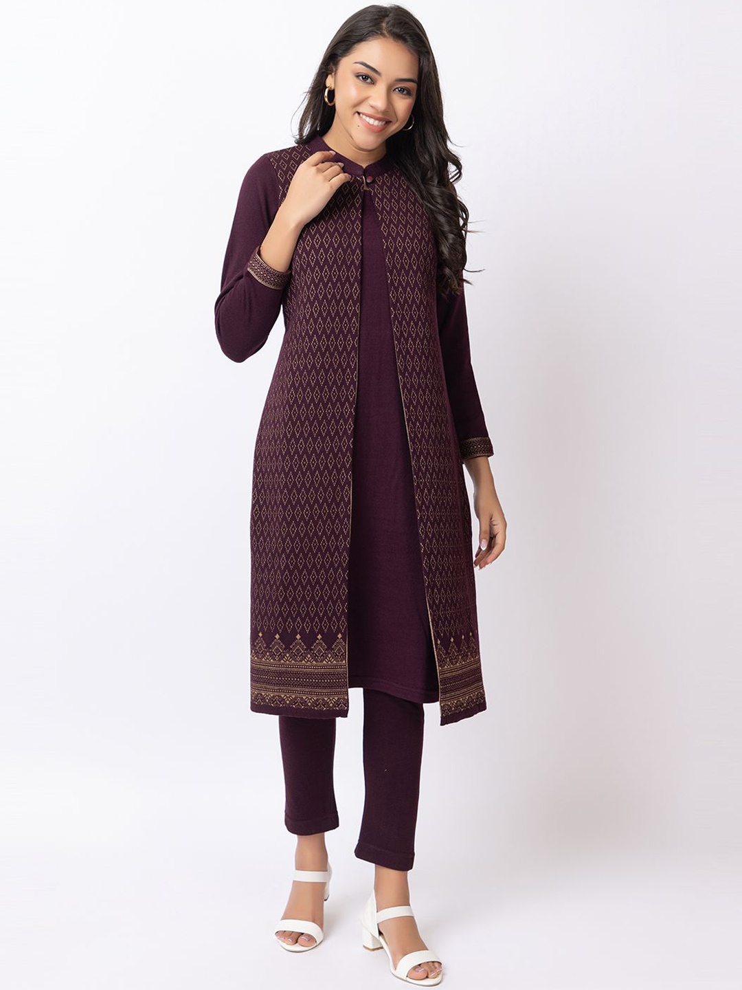 

Anouk Purple Geometric Printed Mandarin Collar Jacquard Winter Wear Straight Kurta With Trousers
