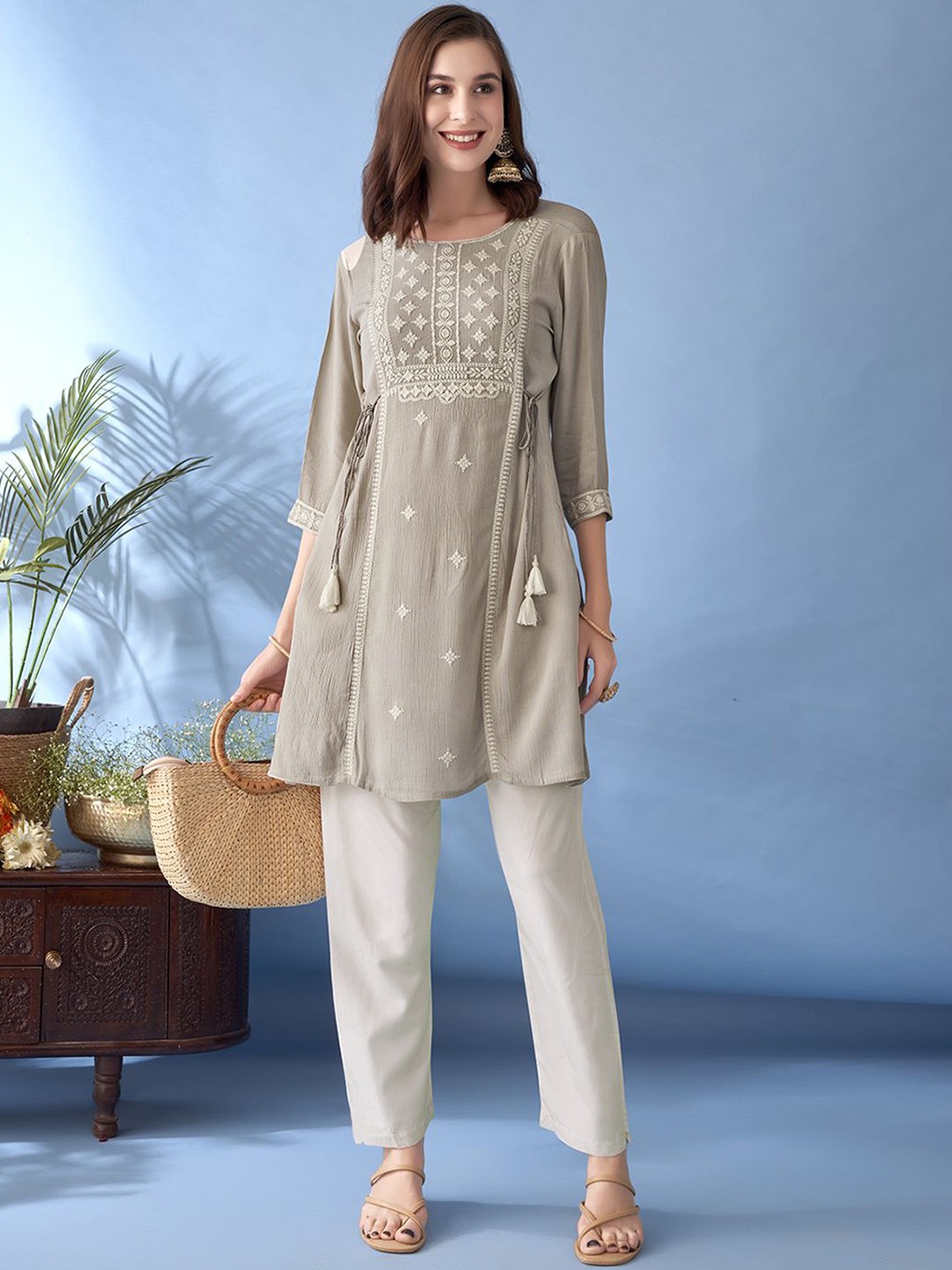 

Anouk Grey Ethnic Motifs Embroidered A-Line Kurta