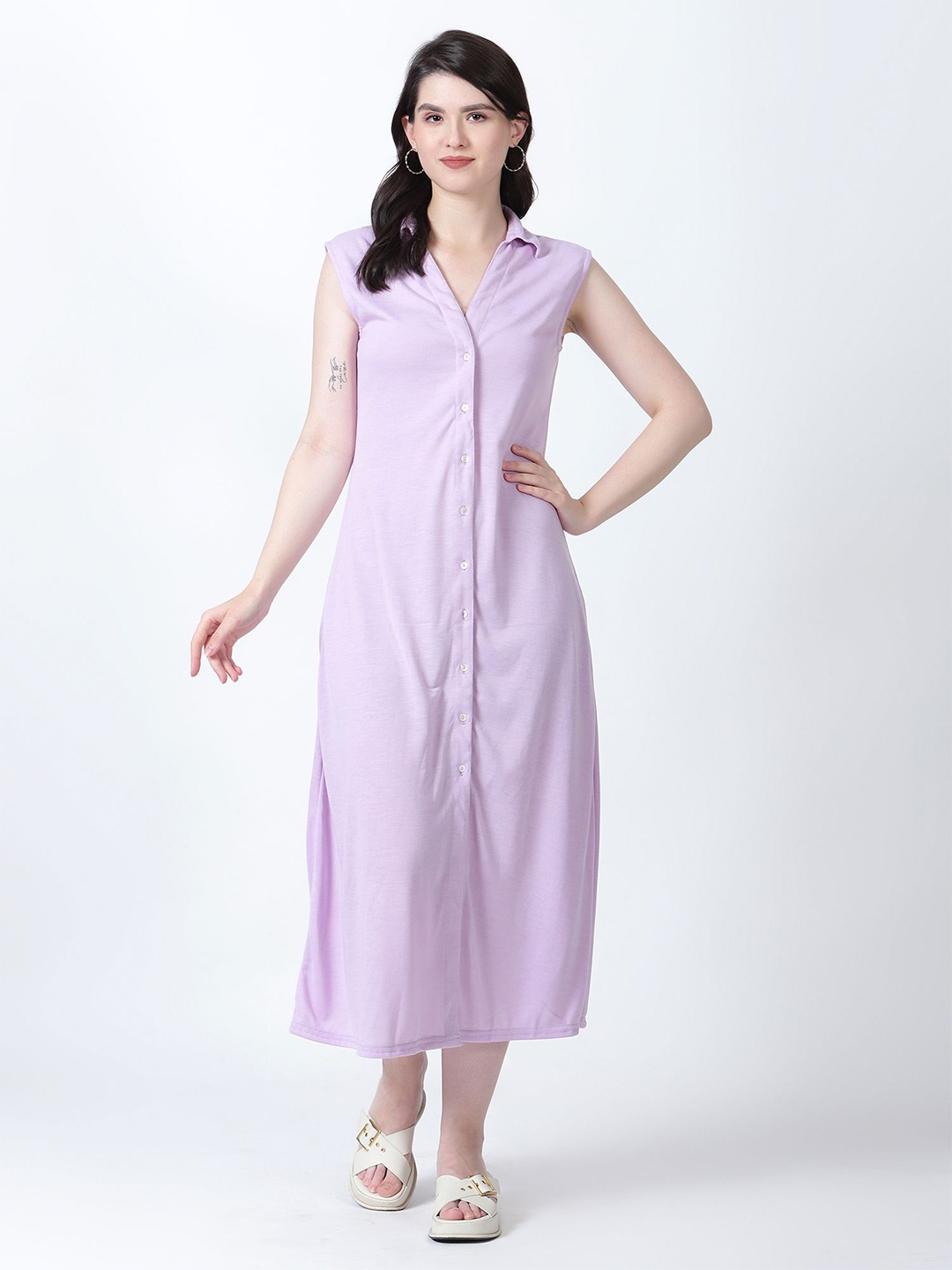 

DRAPE AND DAZZLE Shirt Collar Midi Knit Dress, Purple