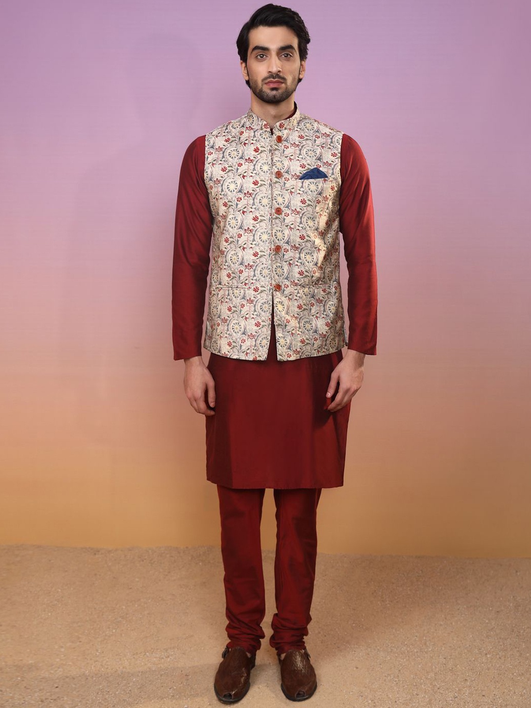 

Anouk Maroon Mandarin Collar Straight Kurta with Churidar & Printed Nehru jacket