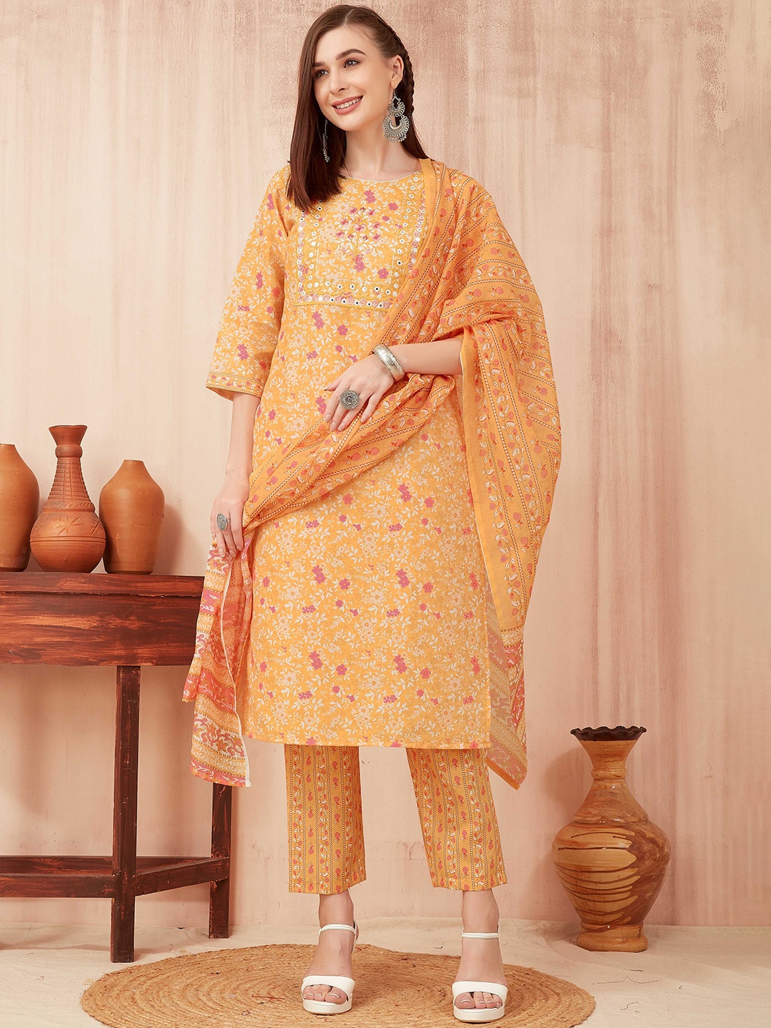 

TRAHIMAM Floral Printed Regular Mirror Work Kurta With Trousers & Dupatta, Yellow