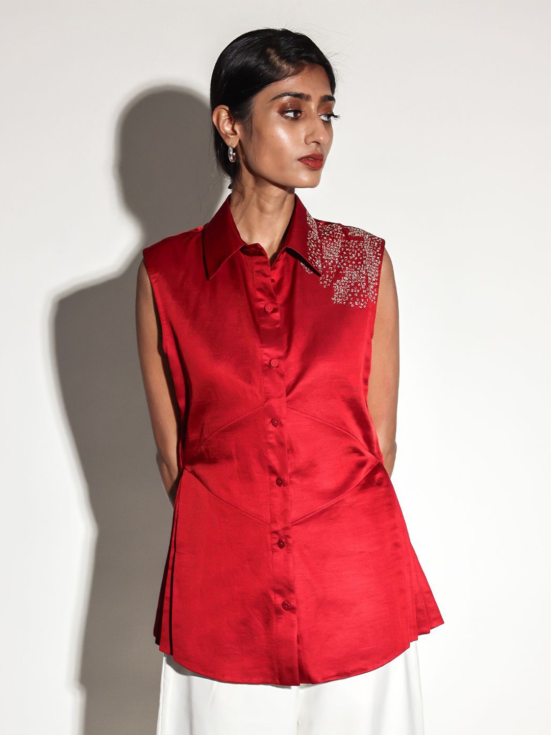 

Arya Giri Women Spread Collar Solid Tailored Fit Casual Shirt, Red