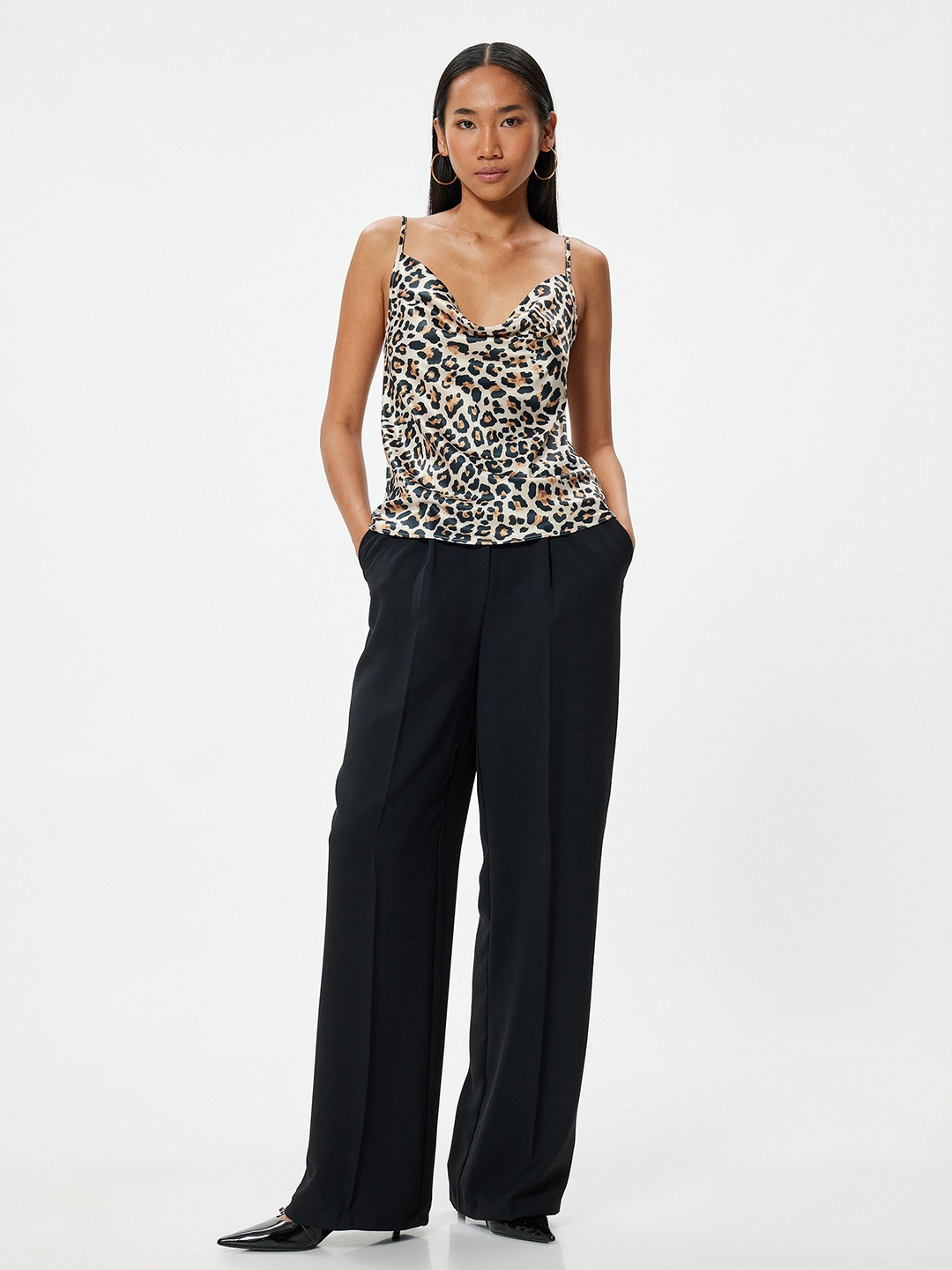 

Koton Women Animal Printed Cowl Neck Polyester Top, Beige