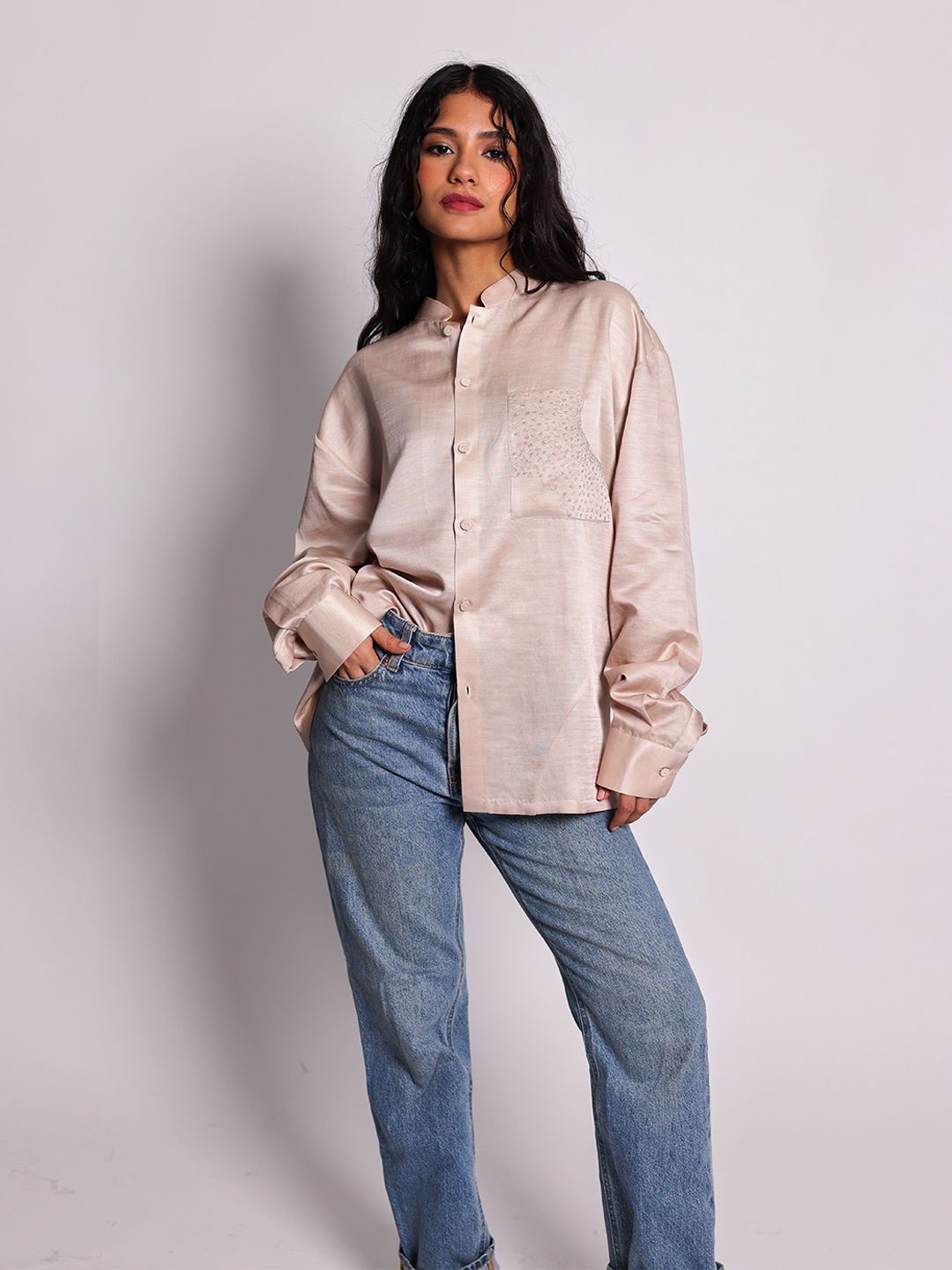 

Arya Giri Women Mandarin Collar Solid Casual Shirt, Beige