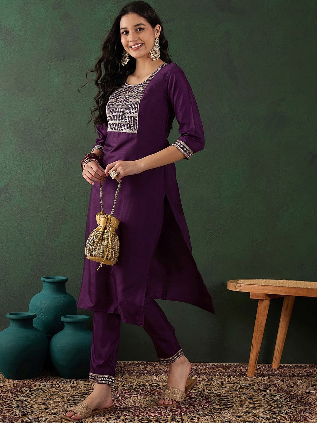 

Sangria Embroidered Straight Kurta With Trouser, Purple