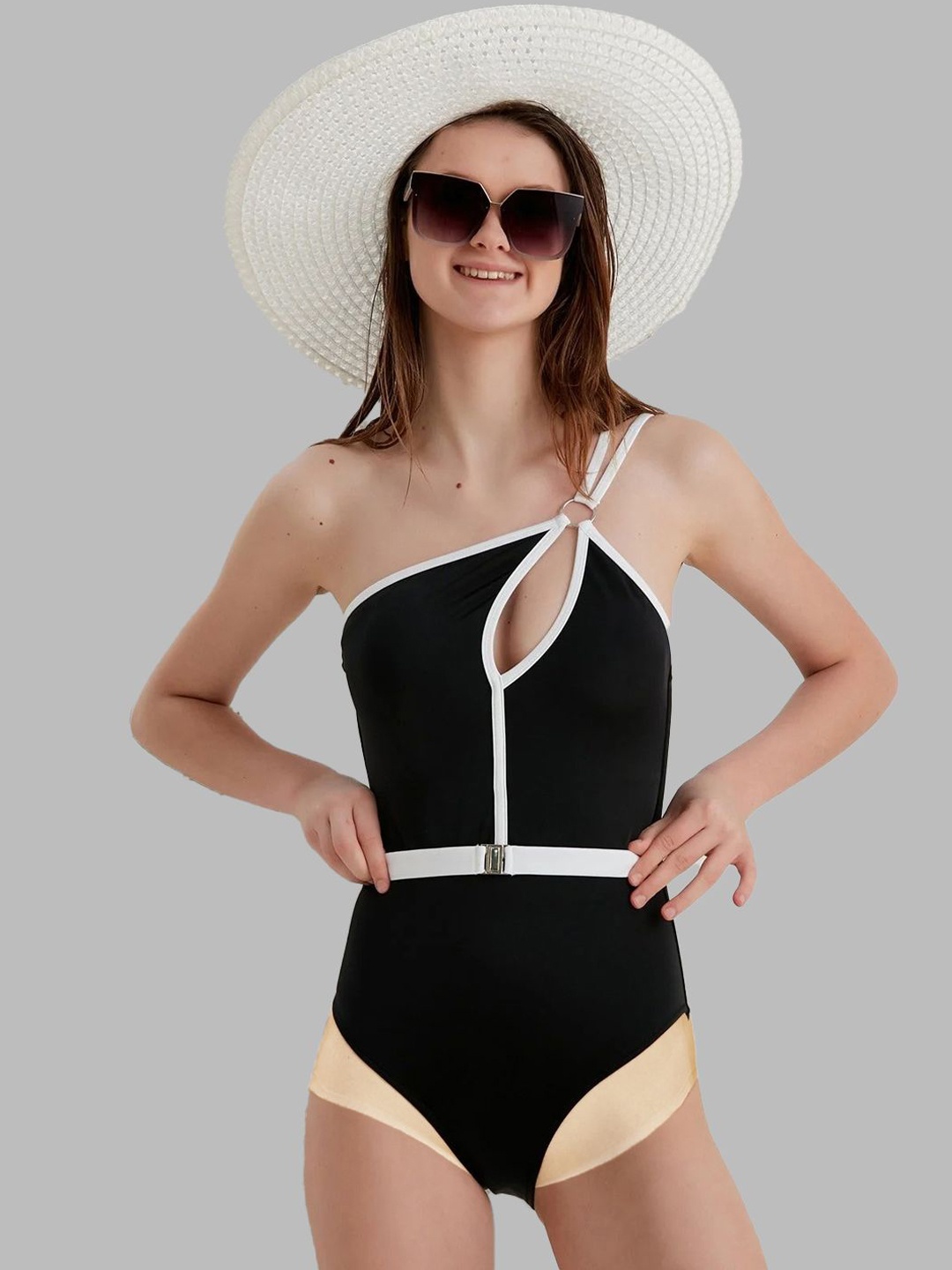 

KRENOZ Full Coverage One Shoulder Swimwear Bodysuit, Black