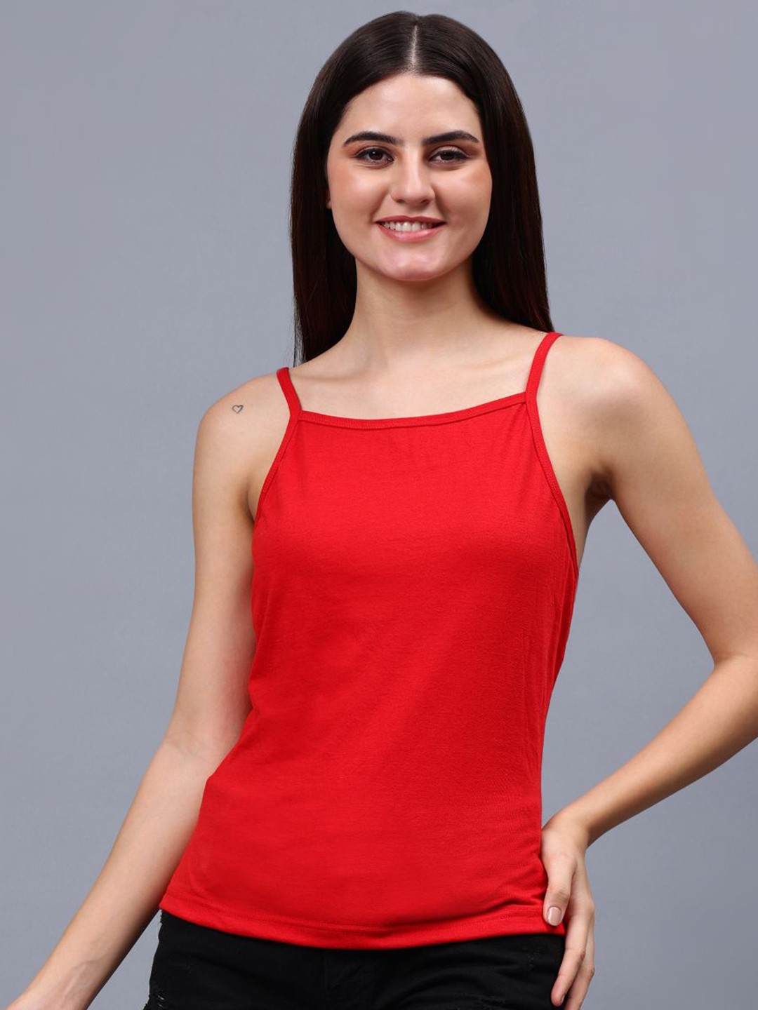 

ENTELLUS Solid Longline Cotton Styled Back Top, Red