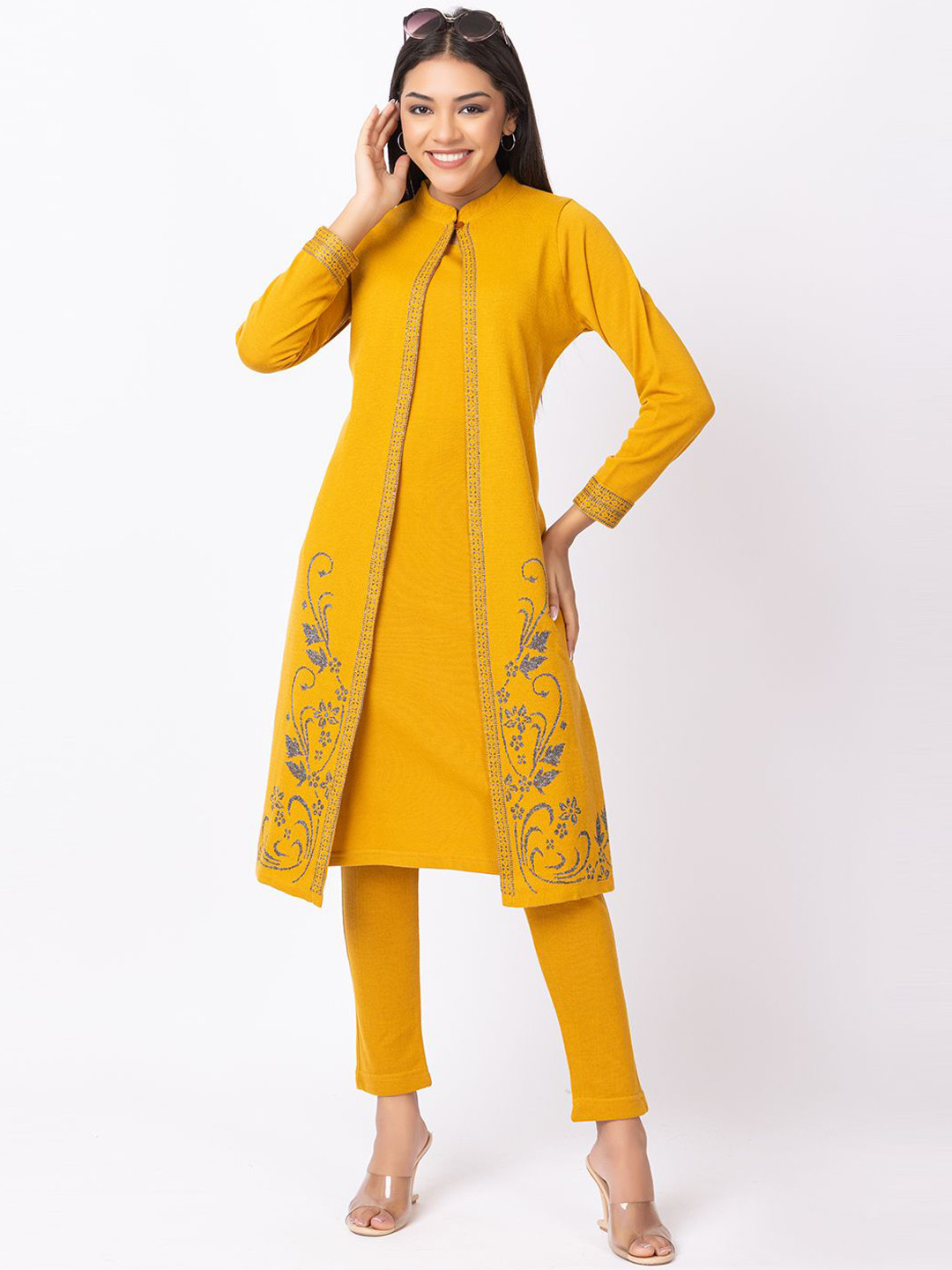 

Anouk Mustard Ethnic Motifs Printed Mandarin Collar Jacquard Winter Wear Straight Kurta With Trouser