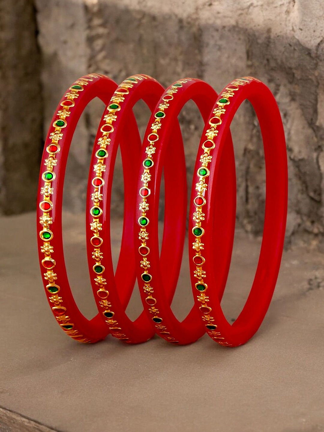 

LUCKY JEWELLERY Set Of 4 Sankha Bengali Pola Traditional Bangles, Red