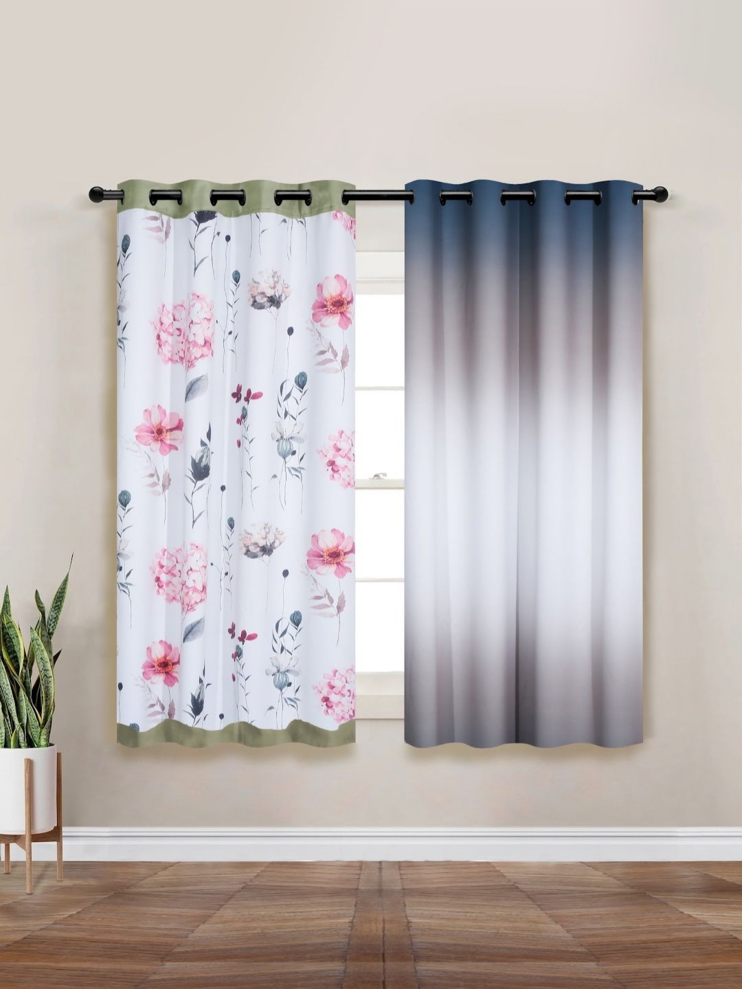 

Myntra Elegant Homes Grey & White Set of 2 Floral Black Out Window Curtain
