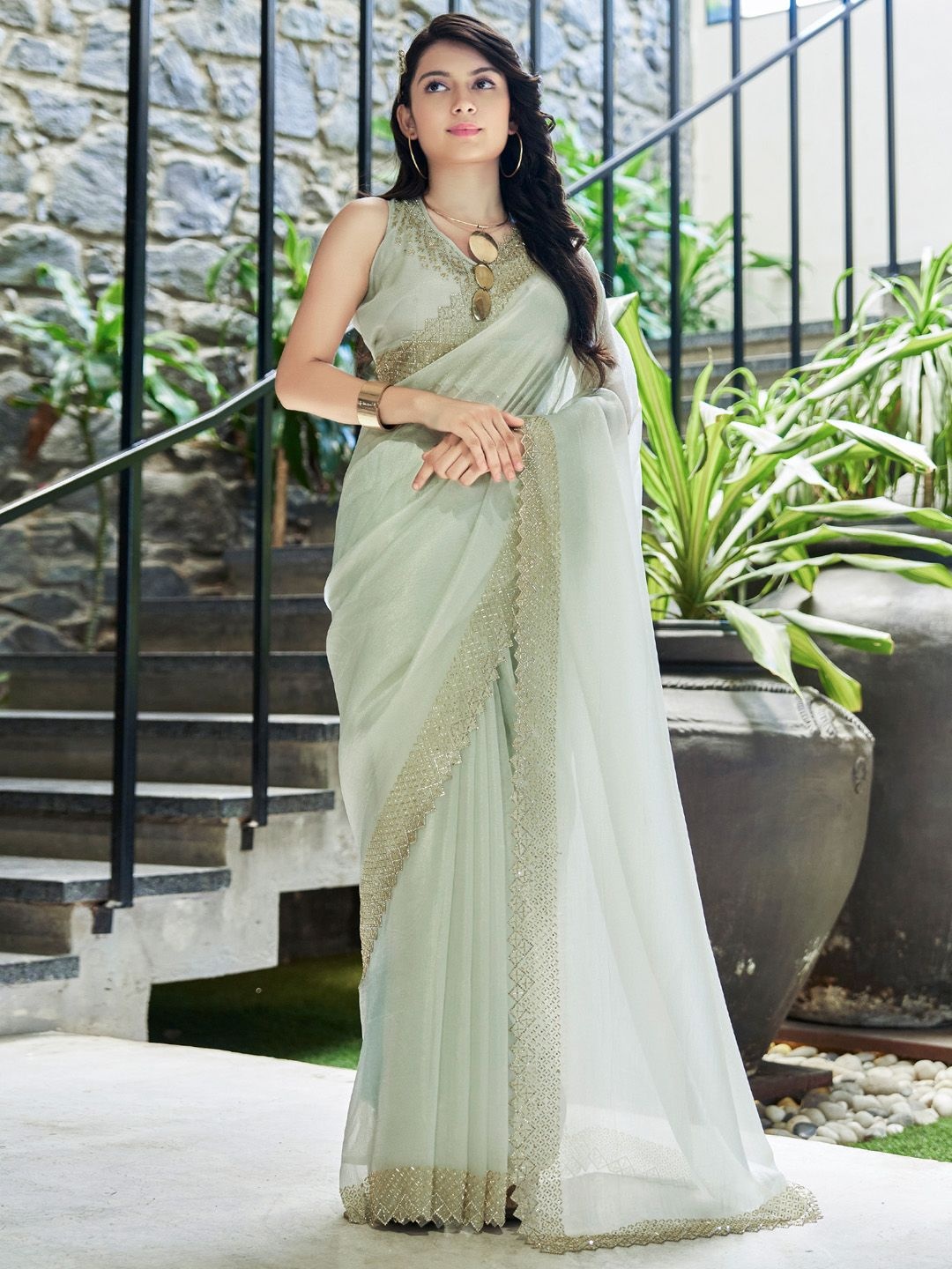 

Saree mall Embellished Beads and Stones Organza Saree, Sea green