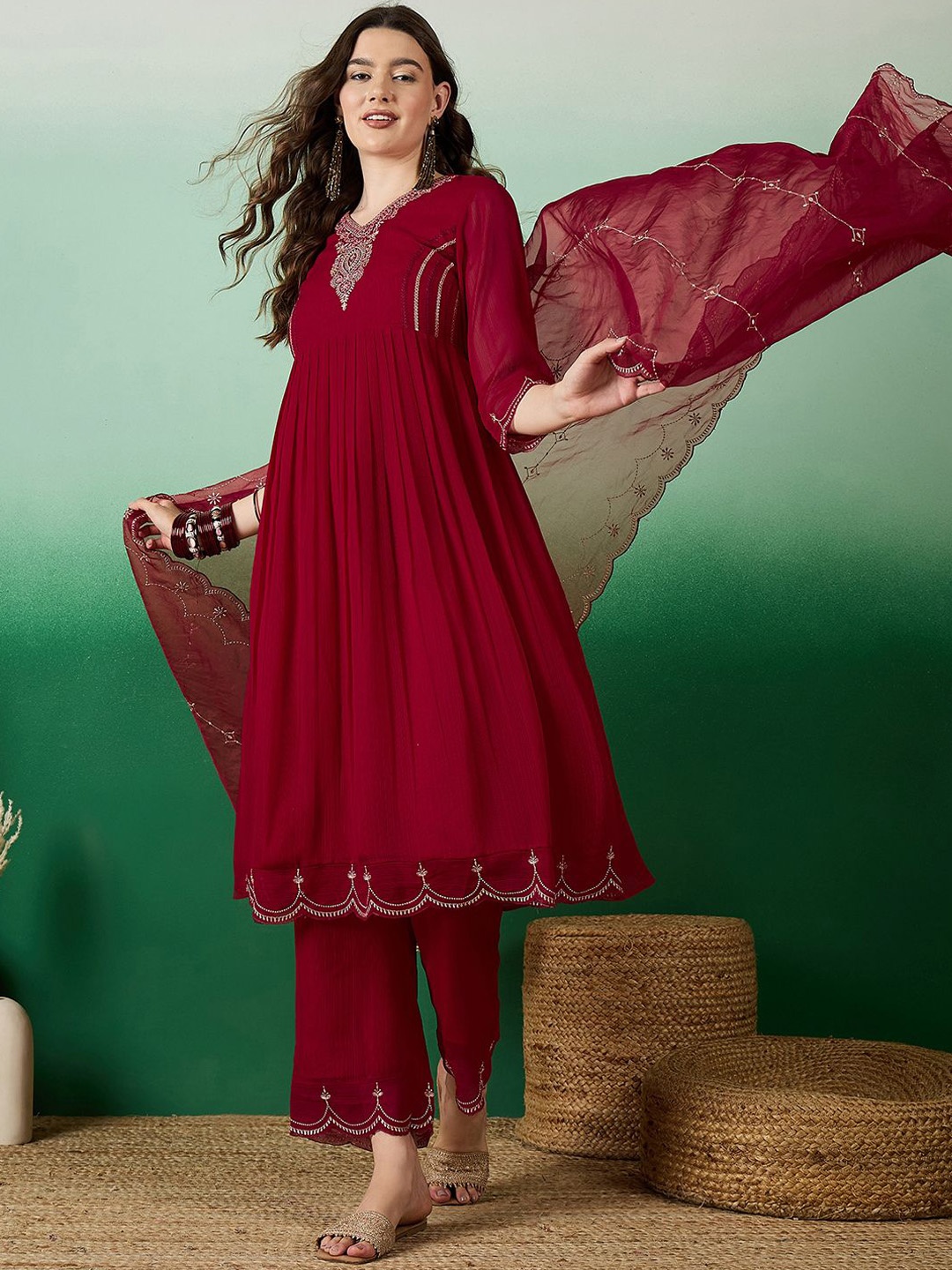 

Sangria Floral Embroidered A Line Kurta & Sharara With Dupatta, Red