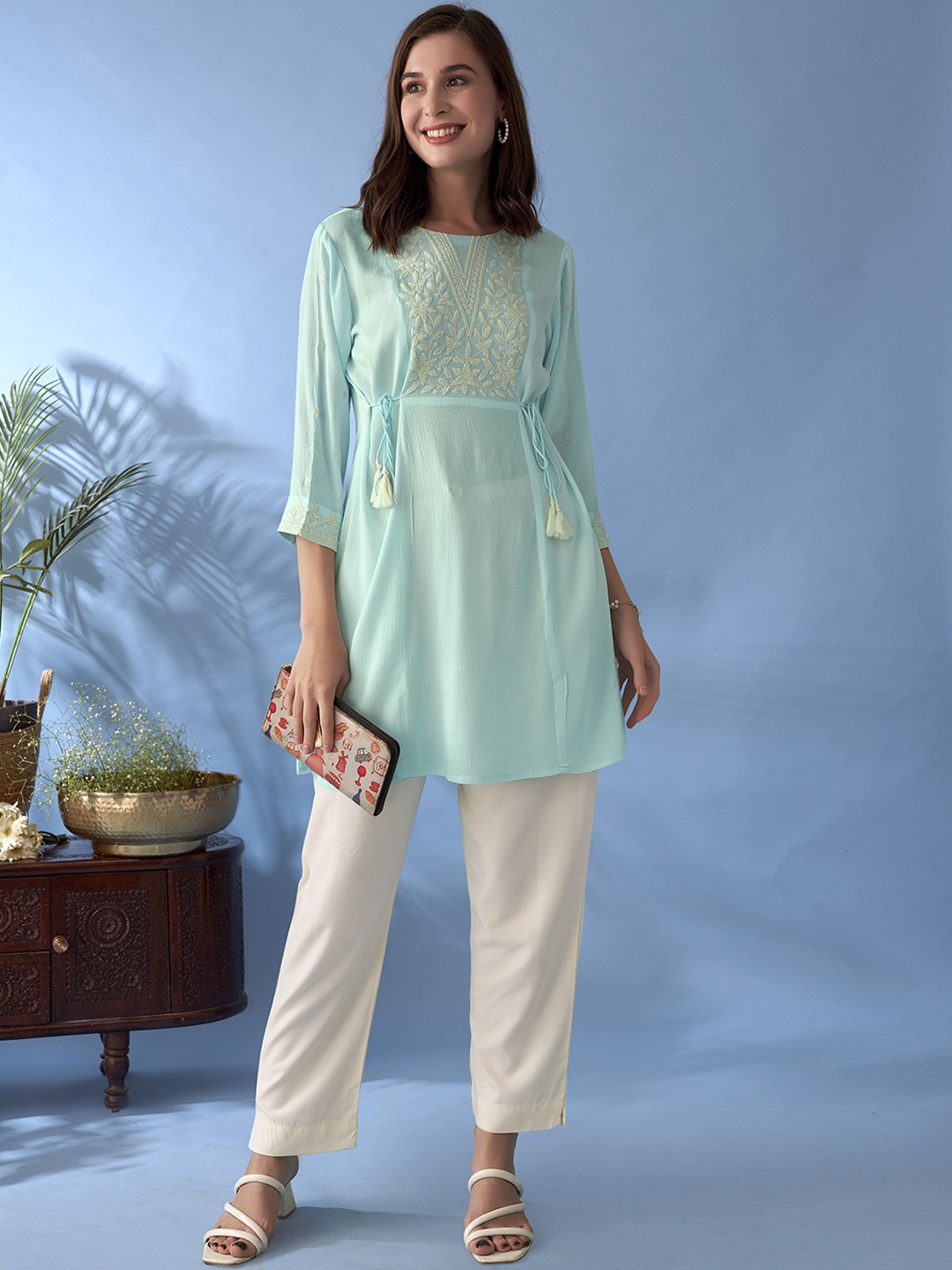 

Anouk Blue Floral Embroidered A-Line Kurta