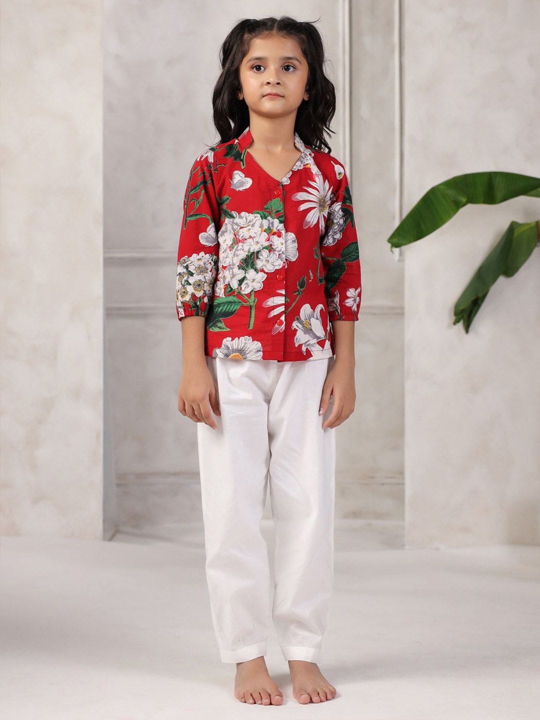 

SANSKRUTIHOMES Girls Pure Cotton Printed Night suit, Maroon