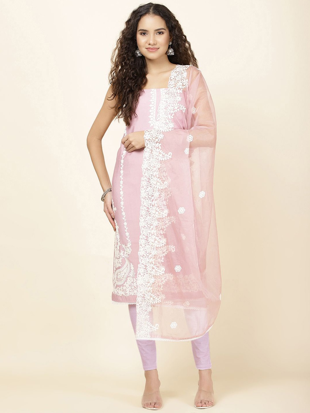 

Meena Bazaar Floral Embroidered Chanderi Unstitched Dress Material, Pink