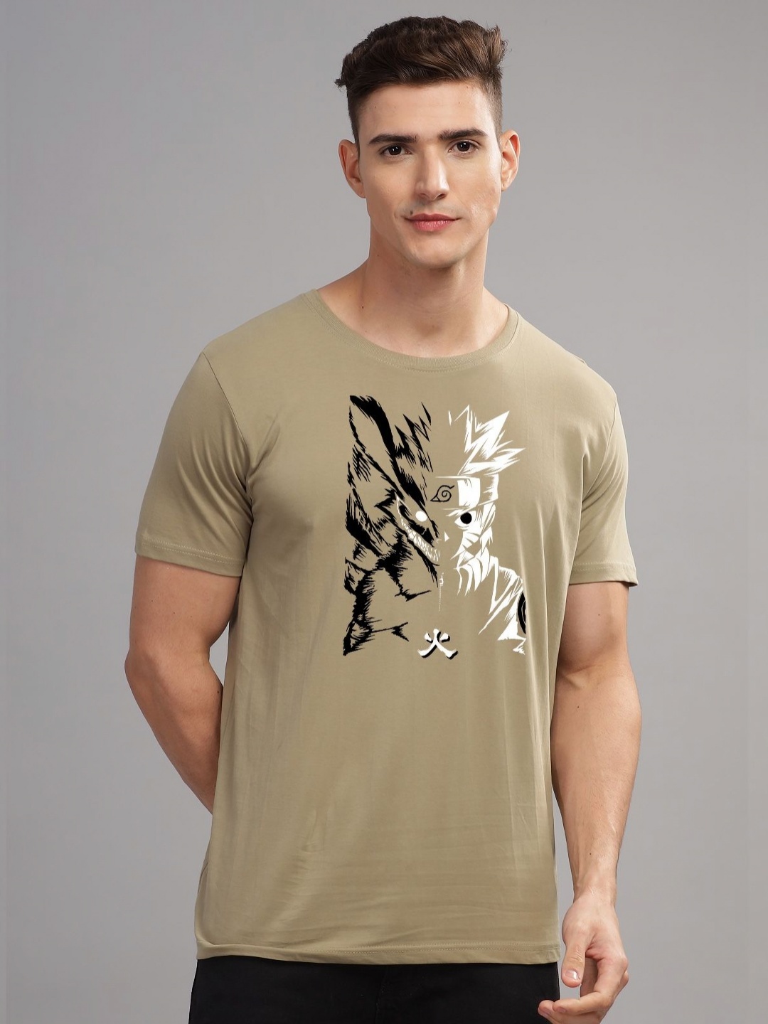 

ADRO Men Typography Printed Extended Sleeves Raw Edge T-shirt, Beige