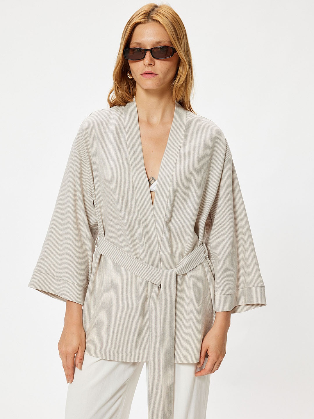 

Koton Striped Long Line Tie Up Top, Beige