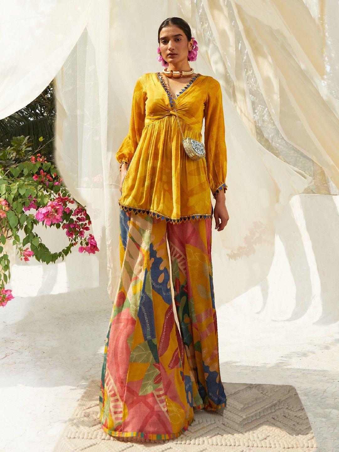 

Basil leaf Plus Size Abstract Printed V Neck Top With Palazzo, Mustard